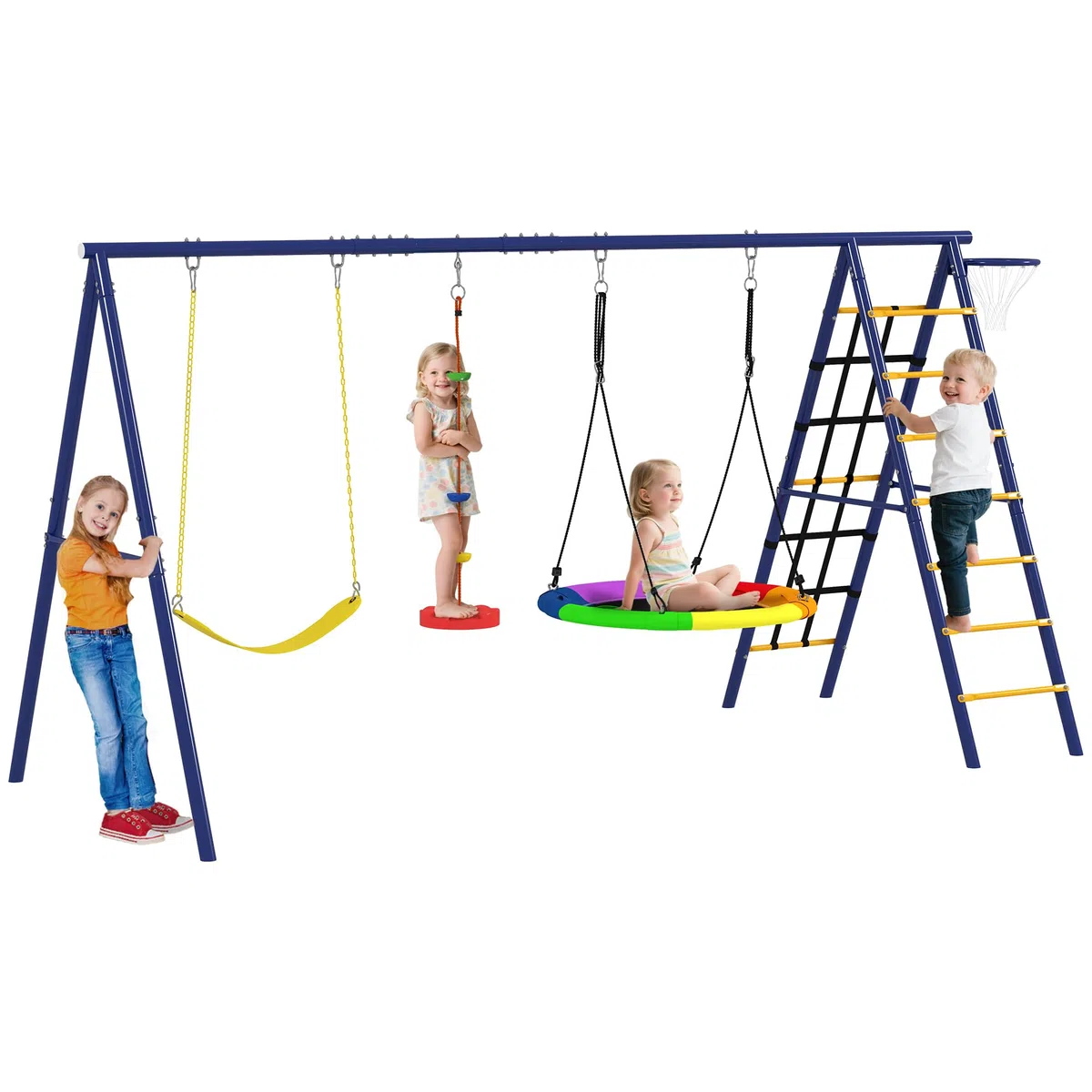 AIYAPLAY 6 in 1 Set Altalene da Giardino per Bambini 3-8 Anni con 3 Altalene, Gioco da Arrampicata e Canestro da Basket, Set da Gioco, Altalena per Bimbi per Parco, Esterno, Multicolore