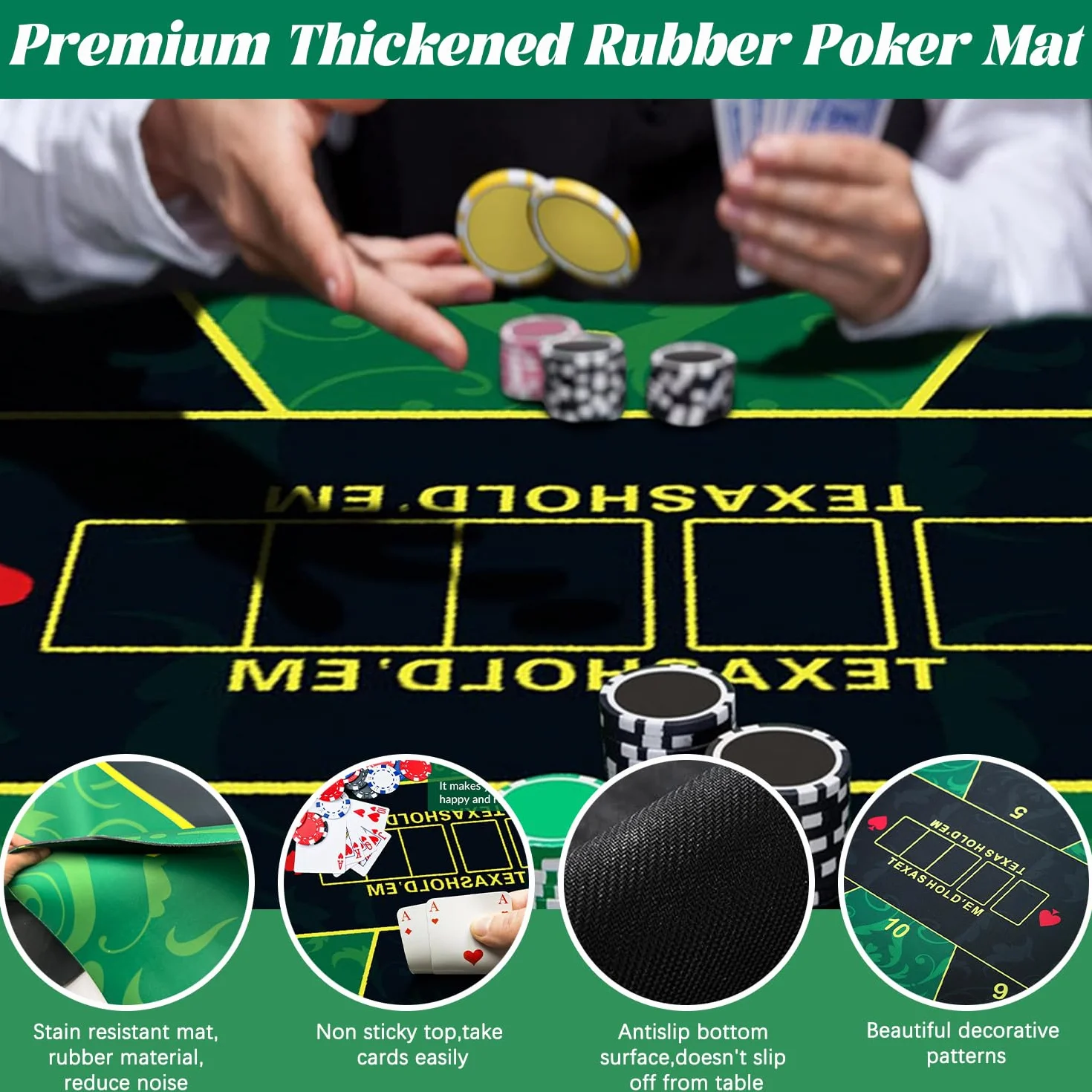 Tappetino da poker, 180 x 90 cm, 10 giocatori Texas Hold'em Poker, in gomma, topper per tavoli, portatile, per giocare a carte, PokerGames, Blackjack, Casinò, con borsa per il trasporto