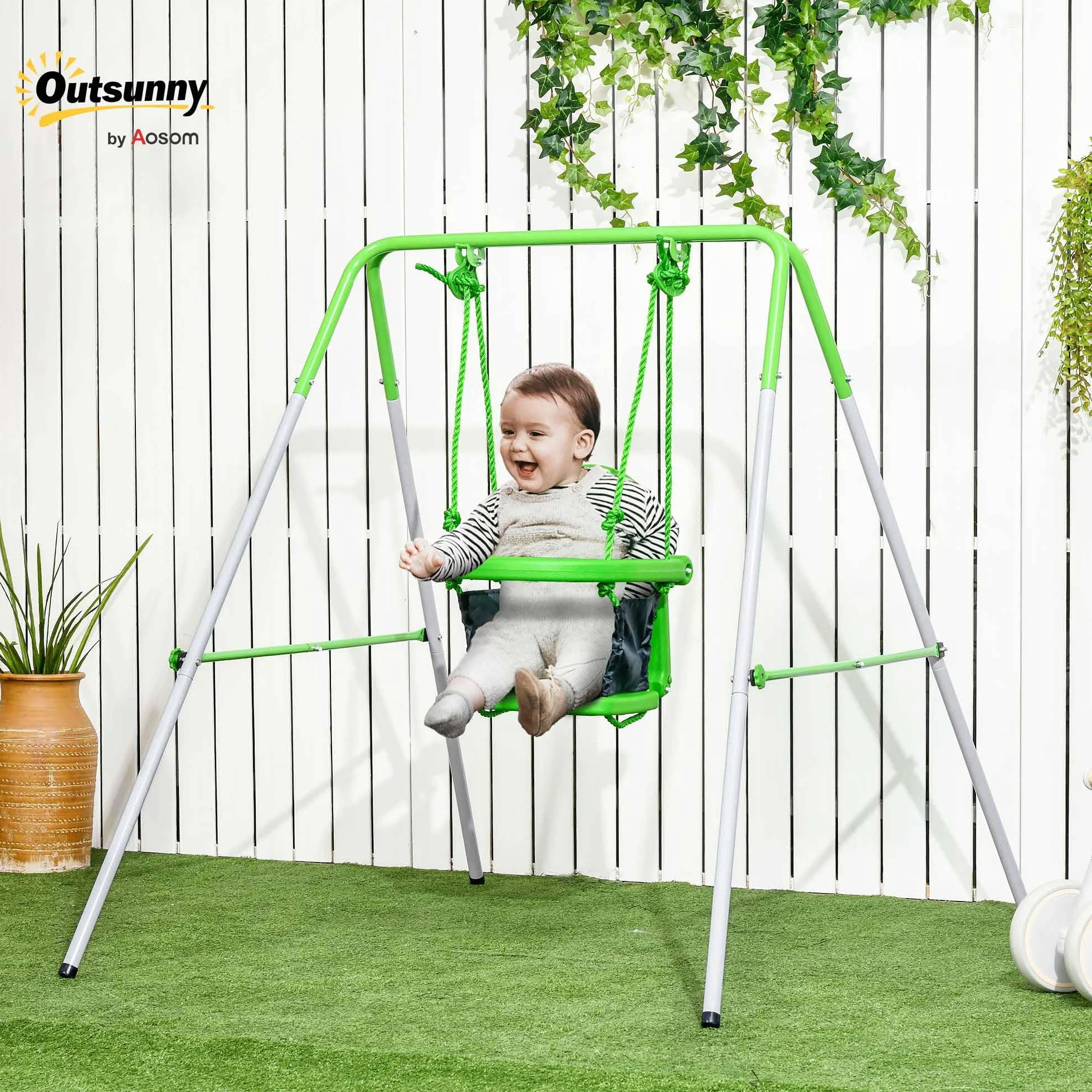 Outsunny Altalena per Bambini 6-36 Mesi da Giardino e Salotto in Acciaio e PE con Seggiolino e Bretelle di Sicurezza, 122x146x122 cm, Verde