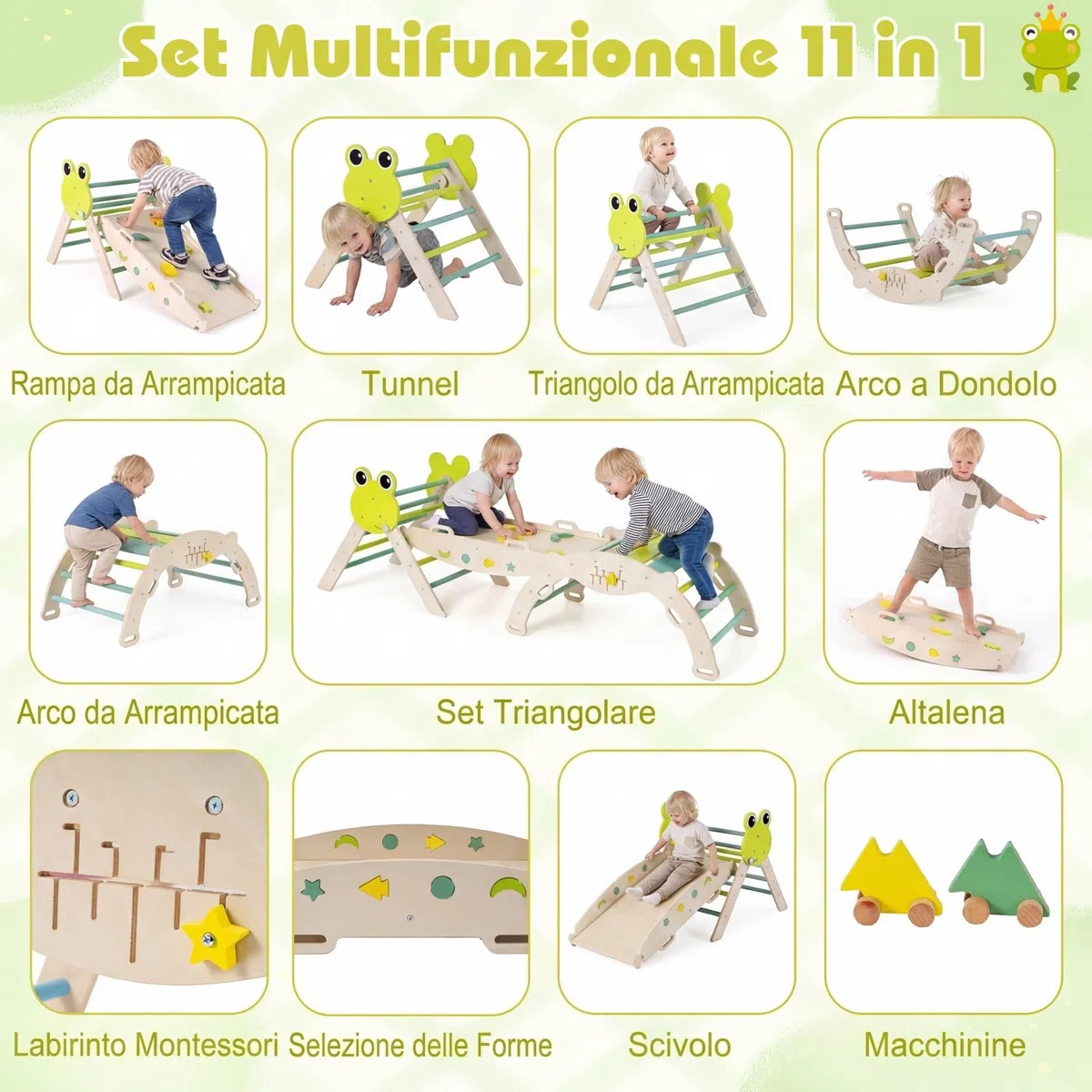 Relax4Life Triangolo di Arrampicata per Bambini con Scivolo e Arco, Gioco Montessori in Legno 1+ Anni, 3 Pezzi Verde
