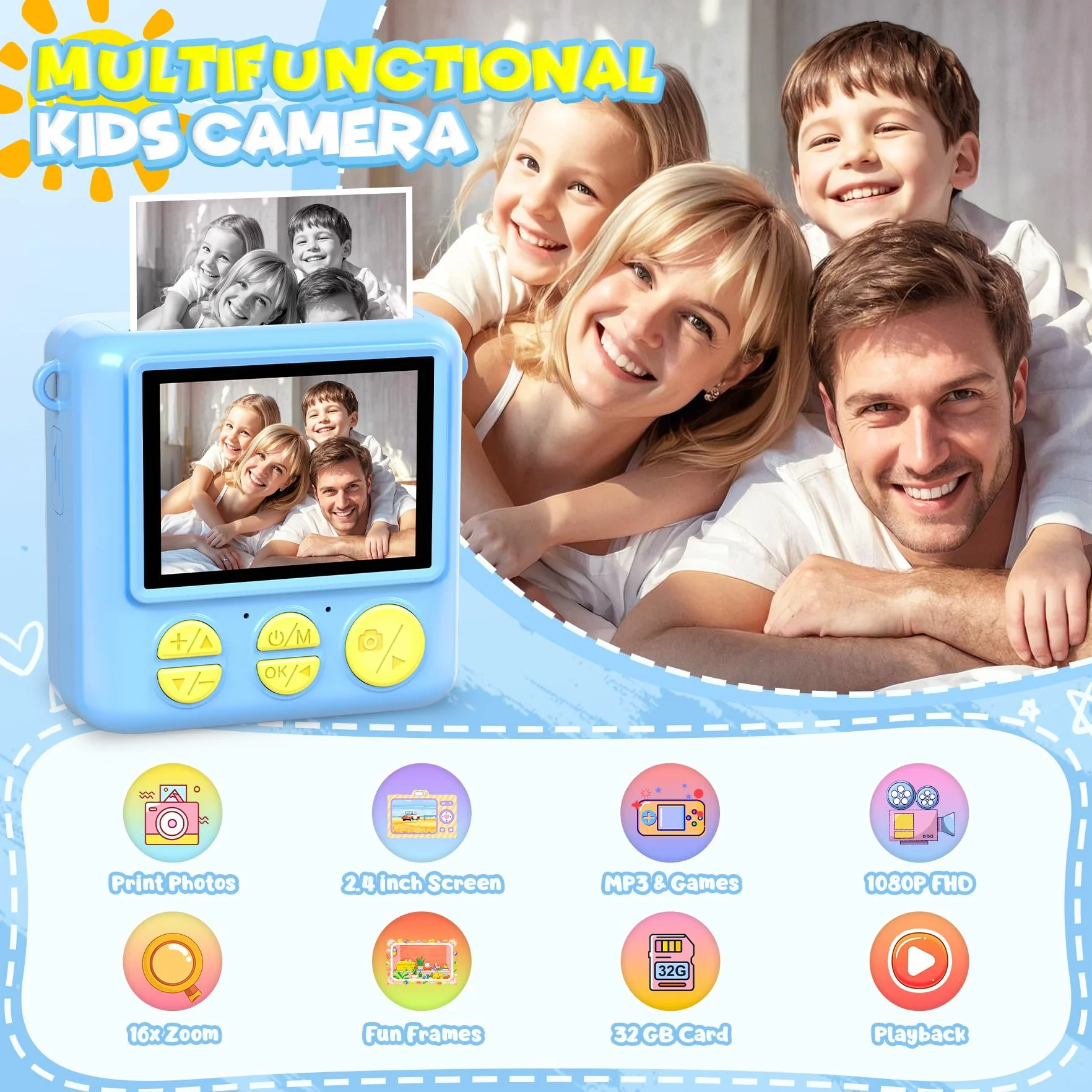 Macchina Fotografica Bambini Istantanea, 2.4 Pollici 1080P Fotocamera Bambini Digitale con 32GB Scheda e Carta da Stampa, Giocattolo Regalo di Natale Compleanno Bambino e Bambina 3-12 Anni