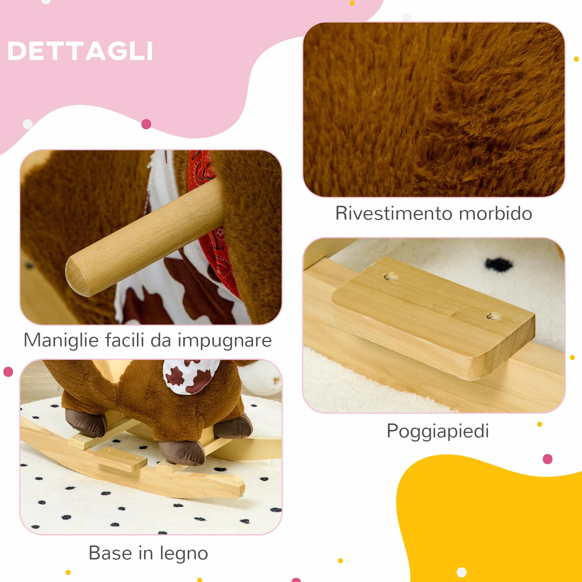 HOMCOM Cavallo a Dondolo per Bambini da 18-36 Mesi, Cavalluccio a Dondolo per Bambini Cavalcabile con Suoni Realistici, 60x33x50 cm, Marrone