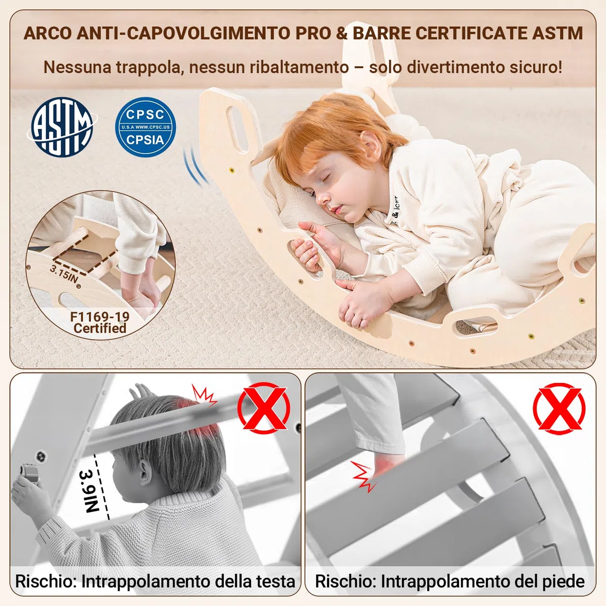 COSYLAND Triangolo di Pikler Regolabile 3 Livelli con Scivolo 8 in 1 per Bambini 18M-6Y Naturale