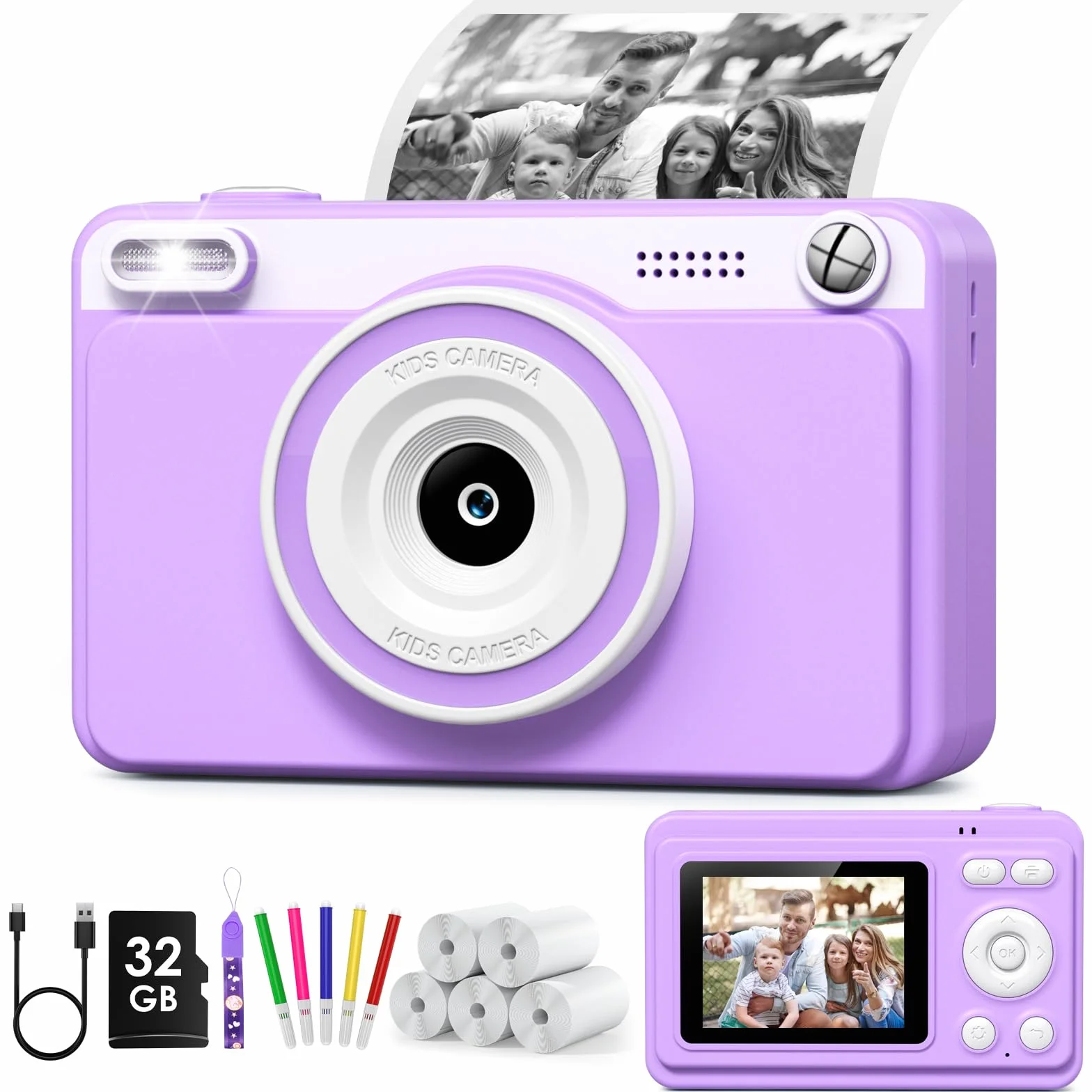 Macchina Fotografica Bambini Istantanea 2.4" Schermo 1080P con 32GB Scheda Regalo 3-14 Anni