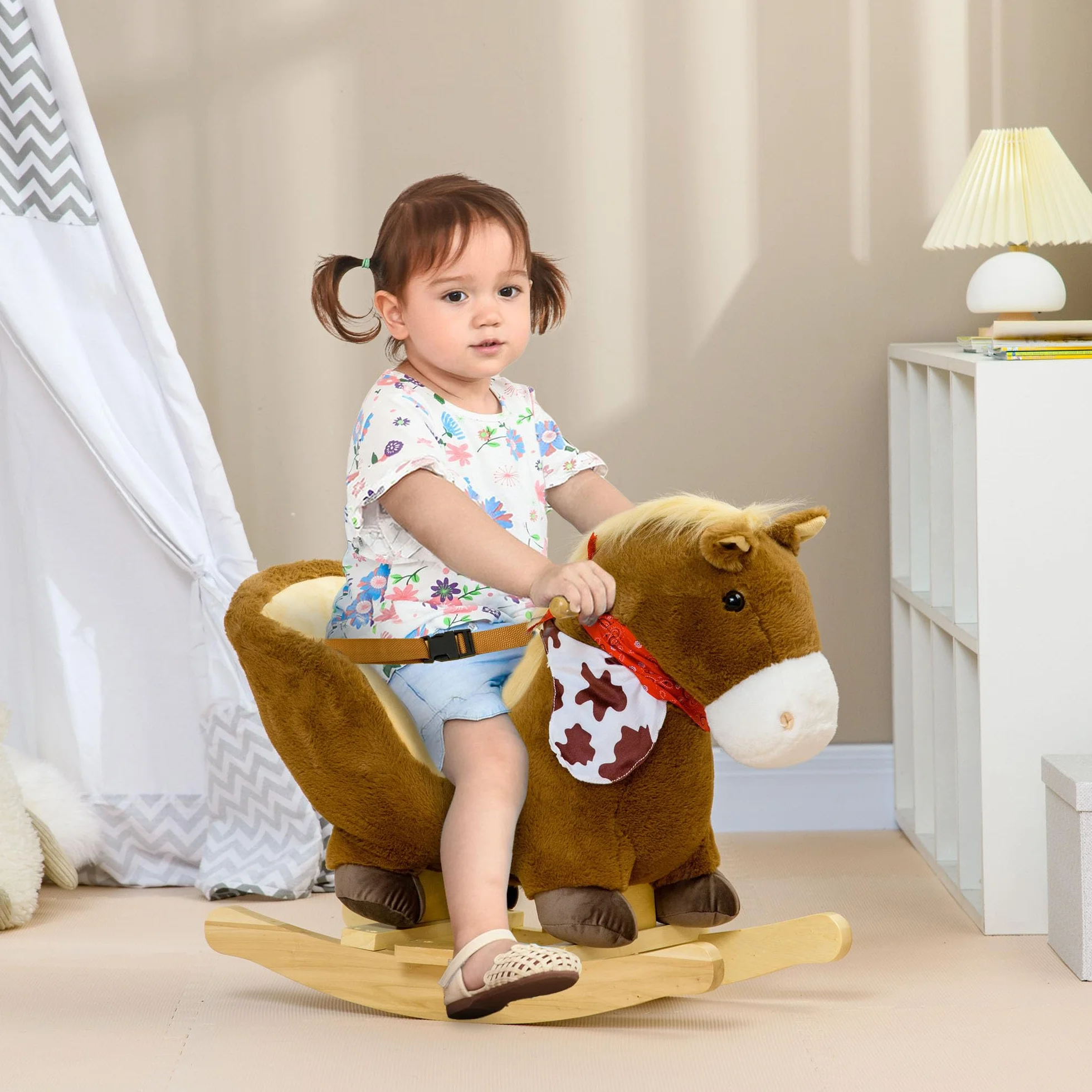 HOMCOM Cavallo a Dondolo per Bambini da 18-36 Mesi, Cavalluccio a Dondolo per Bambini Cavalcabile con Suoni Realistici, 60x33x50 cm, Marrone