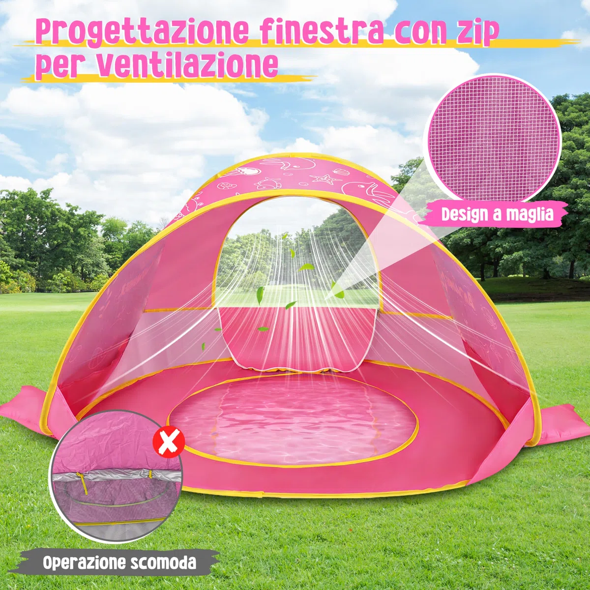 Tenda da Spiaggia Bambini Pop-Up con Mini Piscina, Protezione Solare UPF 50+, Portatile (Rosa)