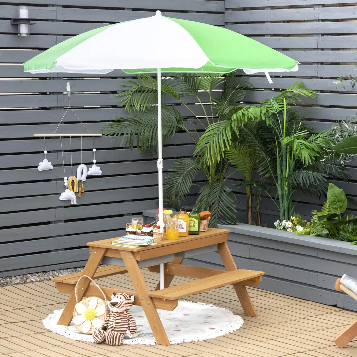 SOARS 3-in-1 Set Tavolo Picnic per Bambini, con Ombrellone Regolabile e 2 Vaschette da Gioco, Panche per Bambini in Legno di Abete, Giochi Esterno da Giardino e Parco, 187 cm (Verde + Giallo)
