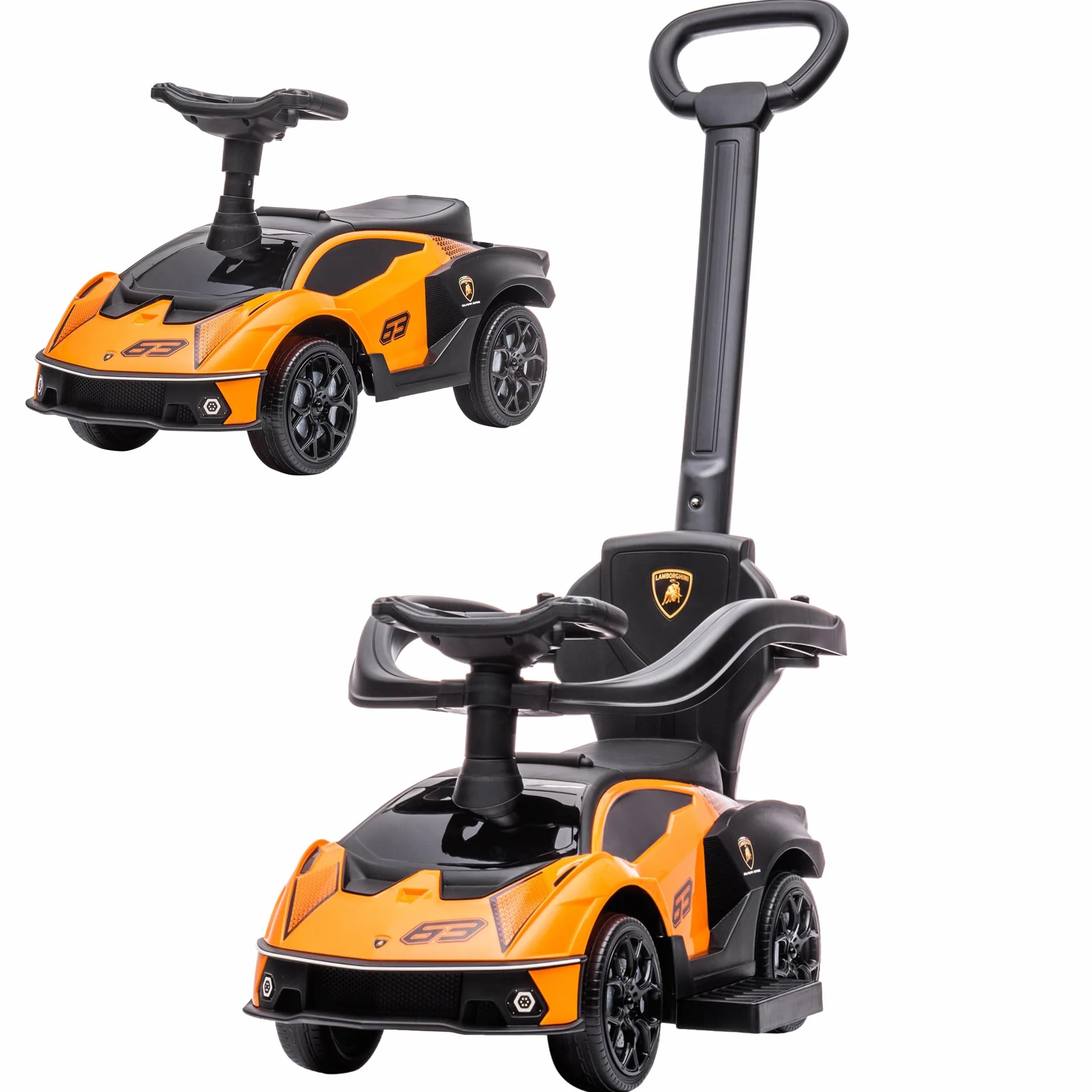 AIYAPLAY Lamborghini Macchinina per Bambini 2 in 1 con Maniglione e Barriera di Sicurezza, Volante e Clacson, Auto per Bambini in PP e Metallo, 86.5x40x89.5 cm, Arancione e Nero