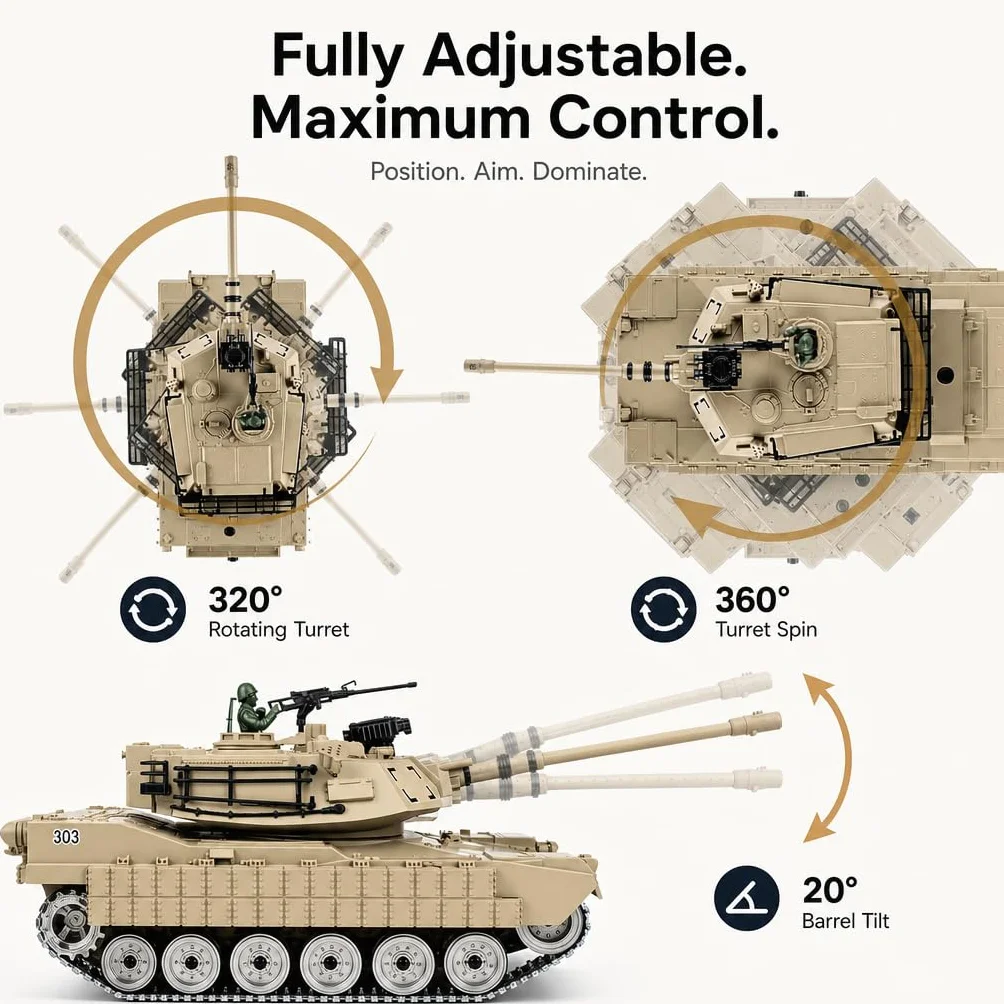 Carro Armato Telecomandato M1A2 1:18 – Cingoli Fumo Suono Luci Tiro Acqua 2.4GHz | Tank RC Giocattolo Militare Regalo Bambino 8 Anni | Kit Completo