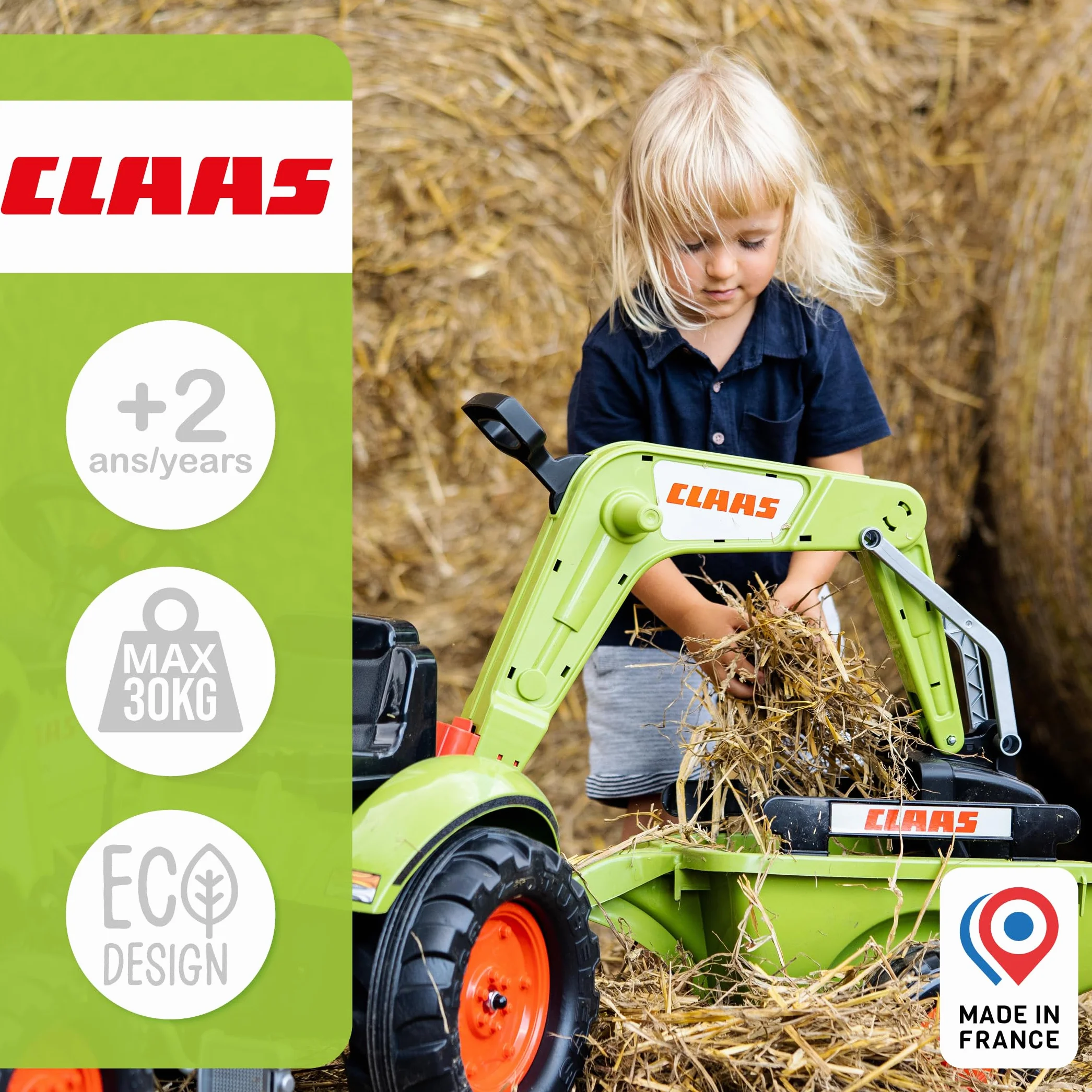 FALK Retroescavatore a pedali Claas con escavatore e rimorchio - Made in France - 2040N