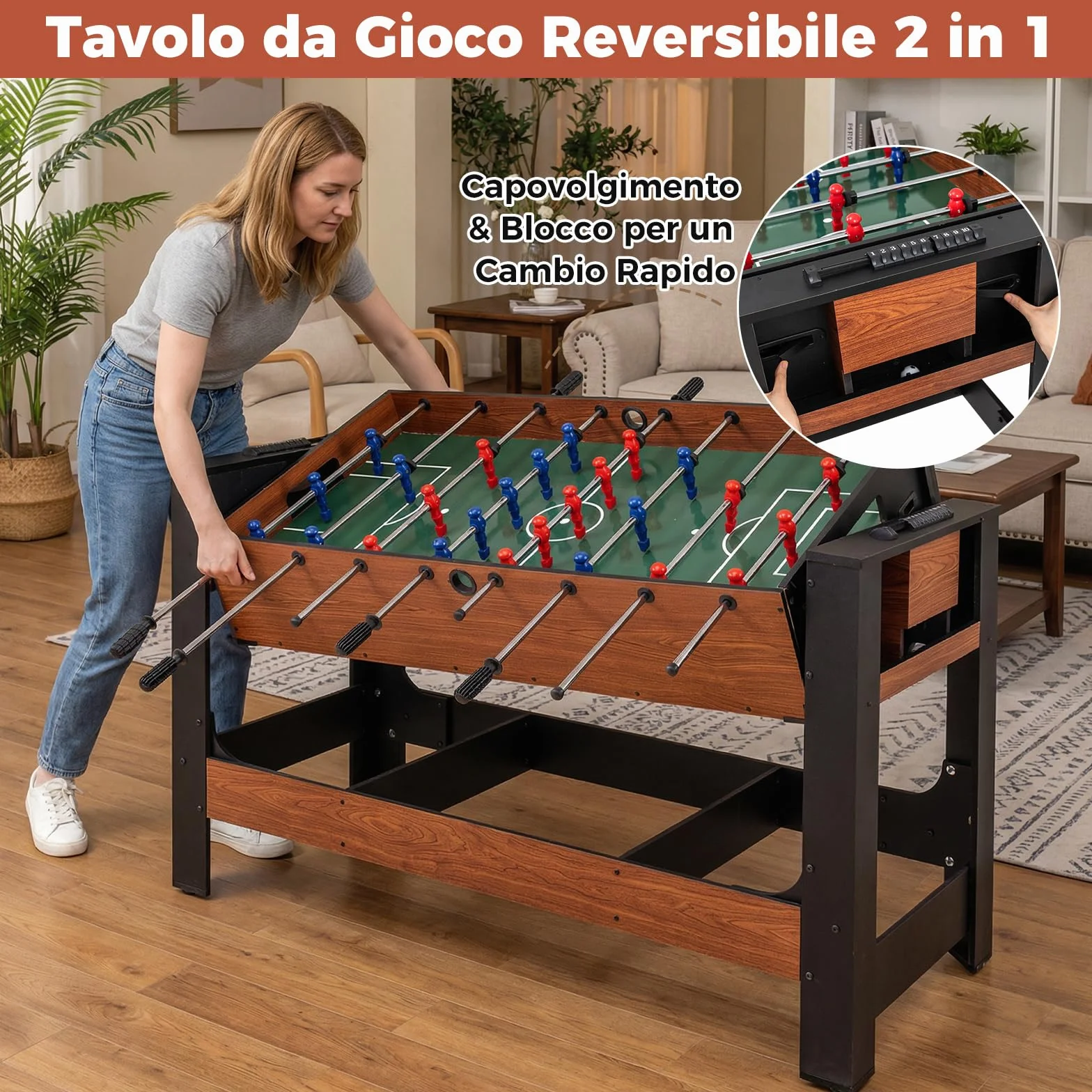 COSTWAY 2 in 1 Calcio Balilla, Tavolo da Biliardo con 2 Palline, Stecche Triangolo Spazzola e Gessetti, Tavolo Multigioco per Casa Sala Giochi e Feste