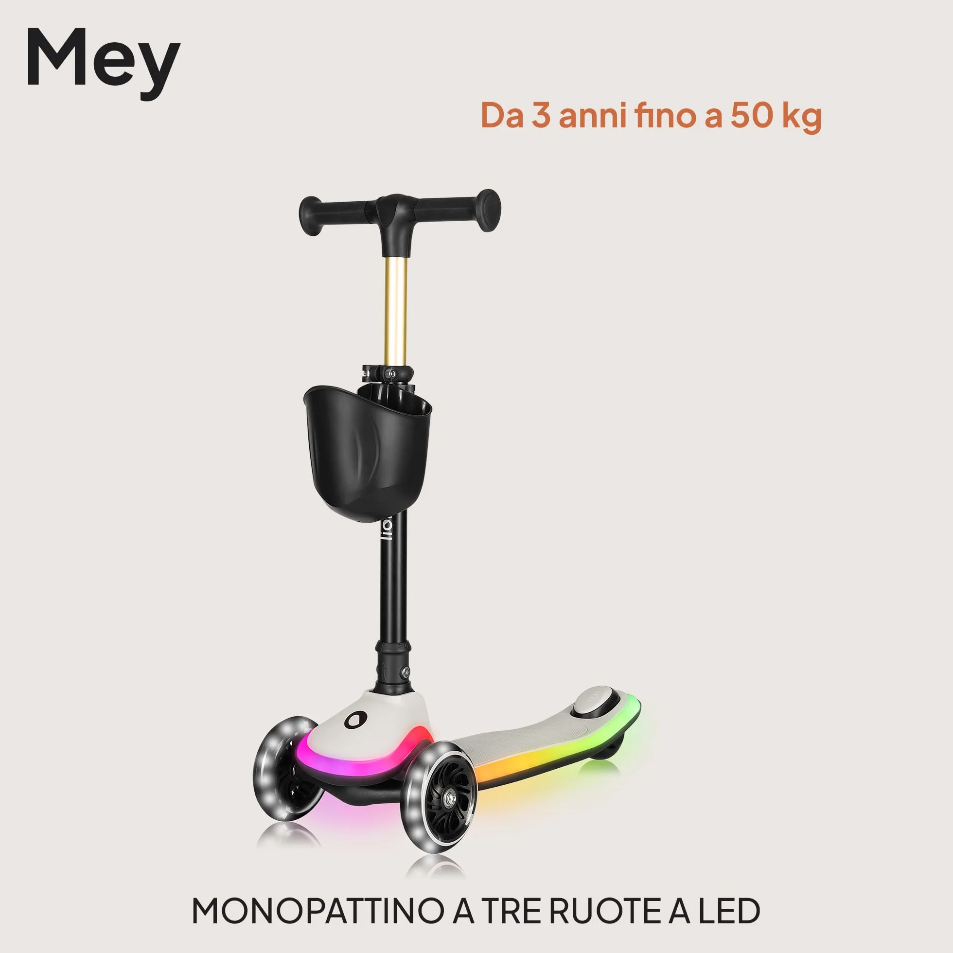 LIONELO Monopattino Bambino a 3 Ruote MEY per bambini da 3 anni fino a 50kg, Monopattino per Bambini con Illuminata e Ruote a LED, Altezza Regolabile, Pedana Antiscivolo, laggero, Cestino
