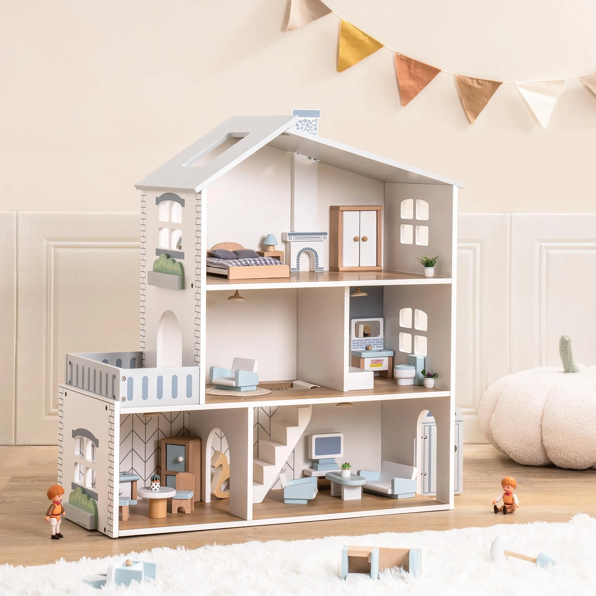 ROBUD Casa delle bambole in legno luci,3 piani, inclusi mobili e scale, giocattoli per bambini dai 3 anni in su