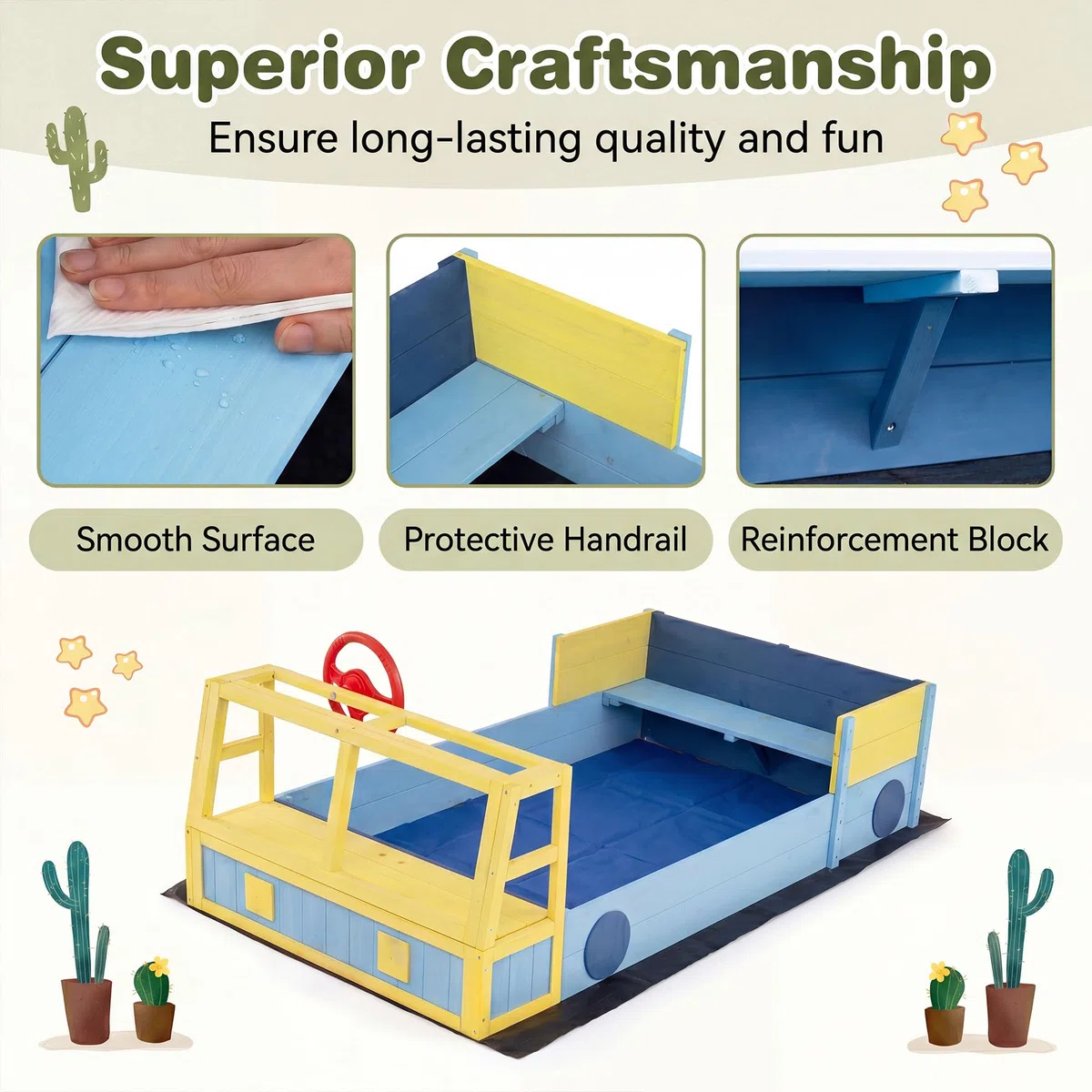 HOMASIS Sabbiera per Bambini a Forma di Camion dei Pompieri, Sabbiera da Esterno con Panca, Contenitore Portaoggetti Nascosto, Rivestimento, Sandbox per bambini 18+ Mesi, 170 x 100 x 48 cm