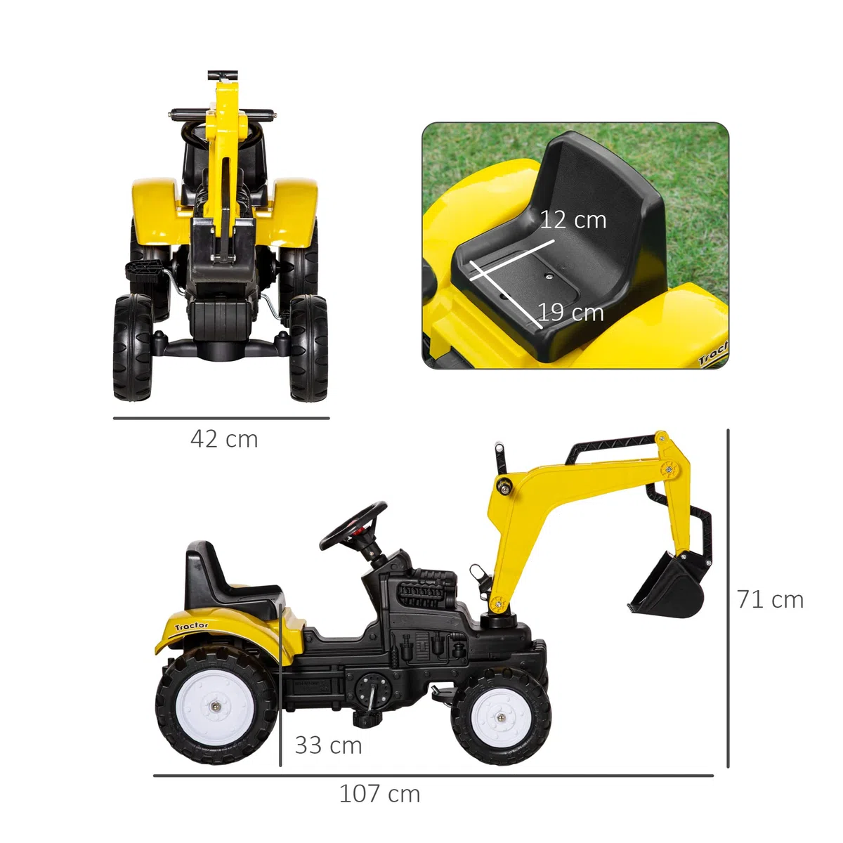 HOMCOM Ruspa Giocattolo Cavalcabile a Pedali per Bambini 3-6 Anni, Escavatore con 4 Ruote, Acciaio e Plastica, 107x42x71 cm, Giallo