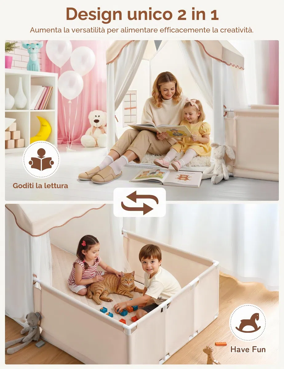 Besrey Tenda per Bambini 2-in-1 con Parco Giochi Casetta da Gioco Interna con Luci LED per 4-5 Bambini