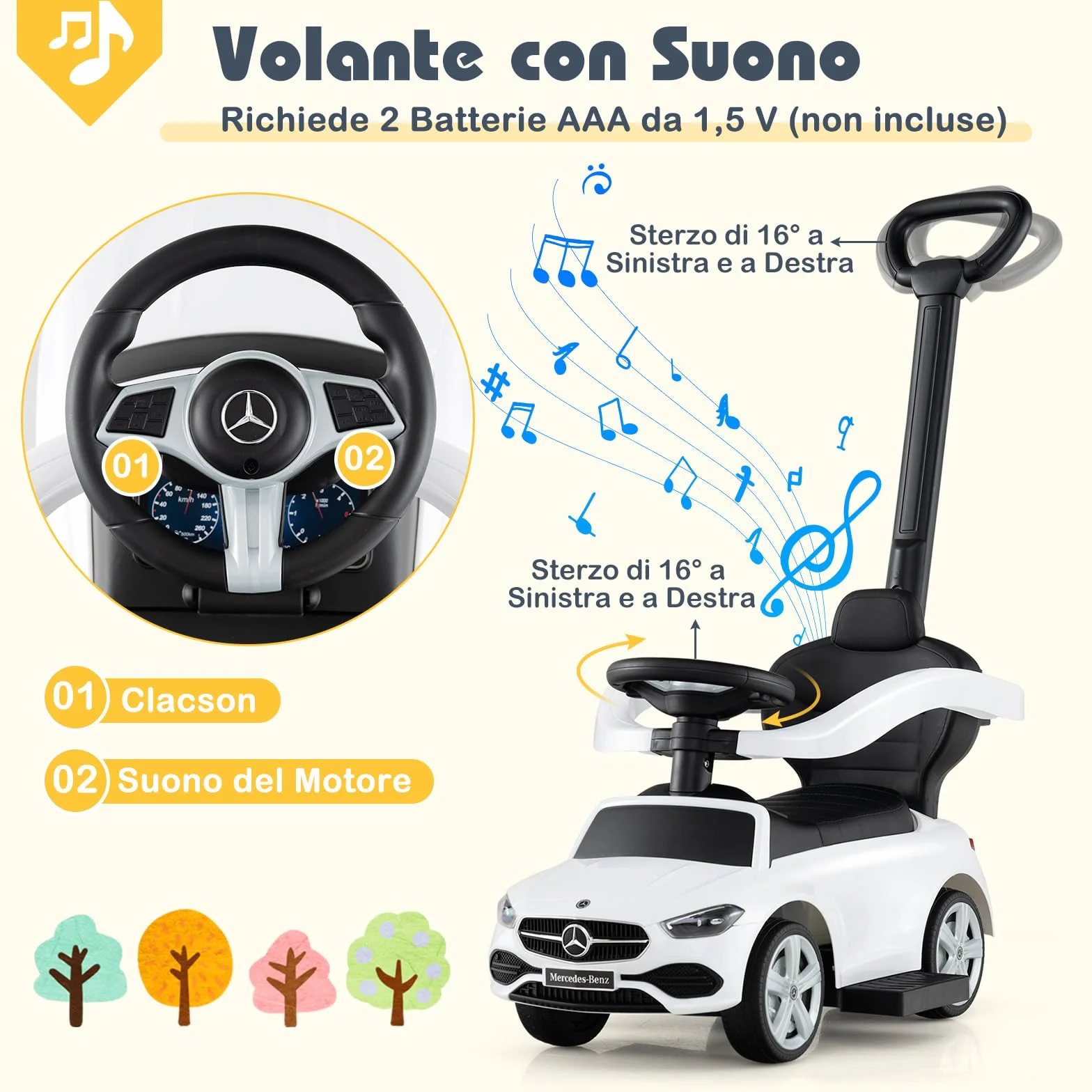 COSTWAY 3 in 1 Auto a Spinta, Mercedes-Benz Macchina Cavalcabile, con Schienale Regolabile Suono Barra di Spinta e Tettuccio, per Bambini 18-36 Mesi (Bianco)