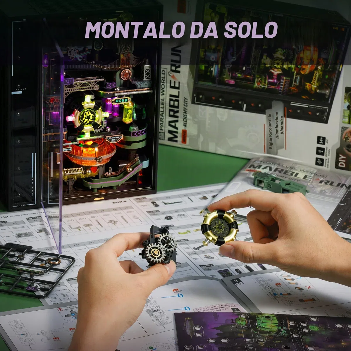 ROKR Marble Run 3D Puzzle in plastica The Alchemy City Model Kit per adulti con attivazione sonora, per costruire scrivania da gioco Cyberpunk Steampunk idea regalo - Parallel World MR04S