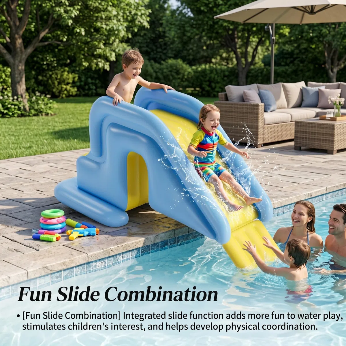 Scivolo Gonfiabile per Piscina Azzurro con Pompa a Pedale, Facile Installazione, Gioco in Cortile Interno ed Esterno