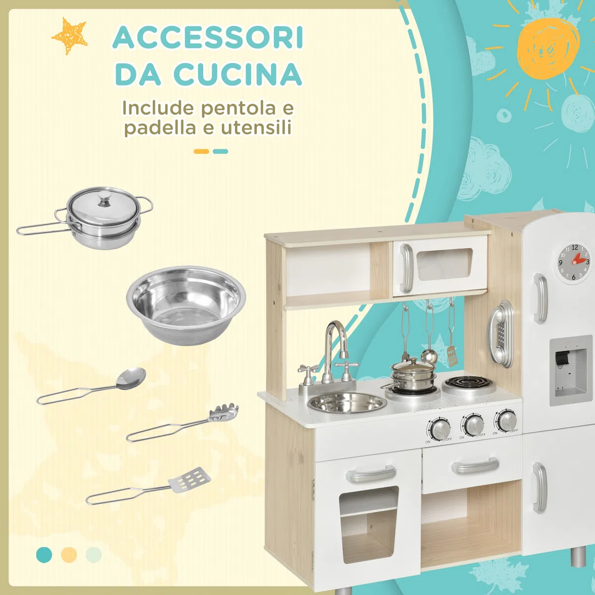 HOMCOM Cucina Giocattolo in Legno per Bambini con Lavandino e Fornelli, Pentole e Utensili in Acciaio, 74x30x81cm, Bianco