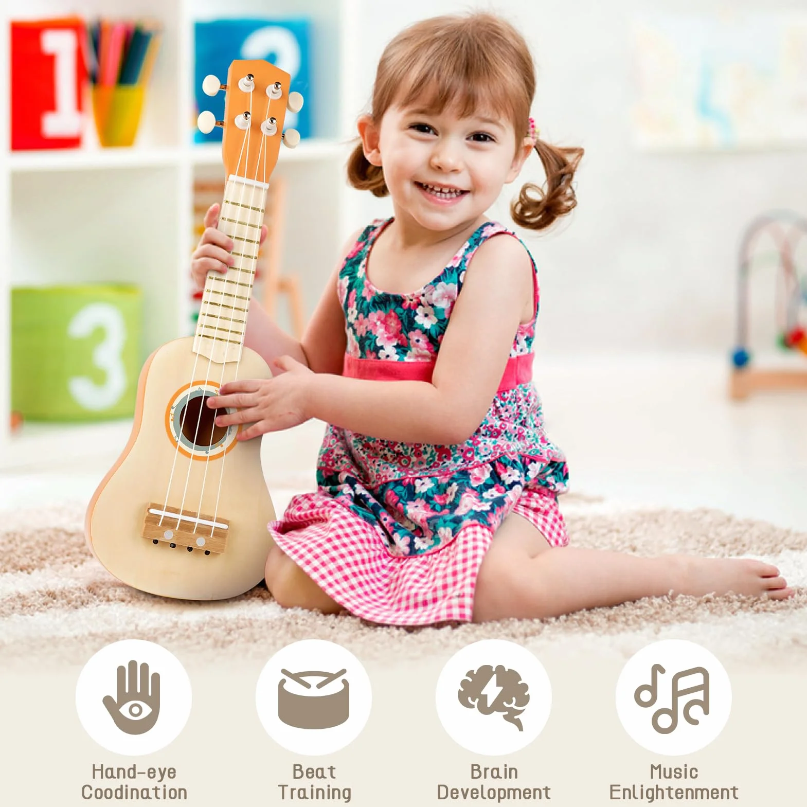 Chitarra per Bambini, Strumenti Musicali Bambini Giochi in Legno Giochi Montessori 2 3 4 Anni Regalo Bambina Bimbo