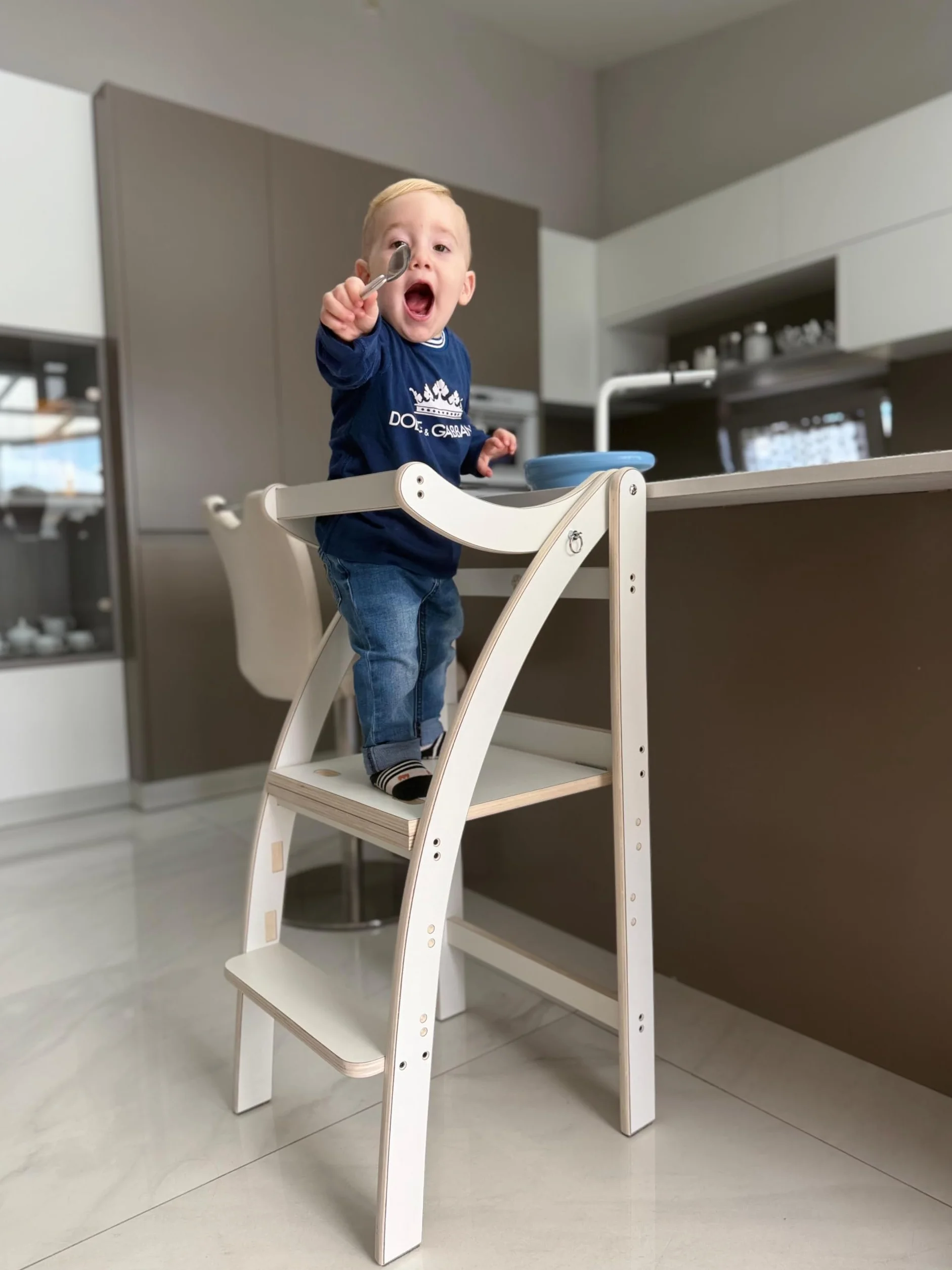 Learning Tower Richiudibile con Blocco per Bambini - Torre Montessori Regolabile su 3 Altezze e Richiudibile - Torre Montessoriana Richiudibile (Bianco, Standard)