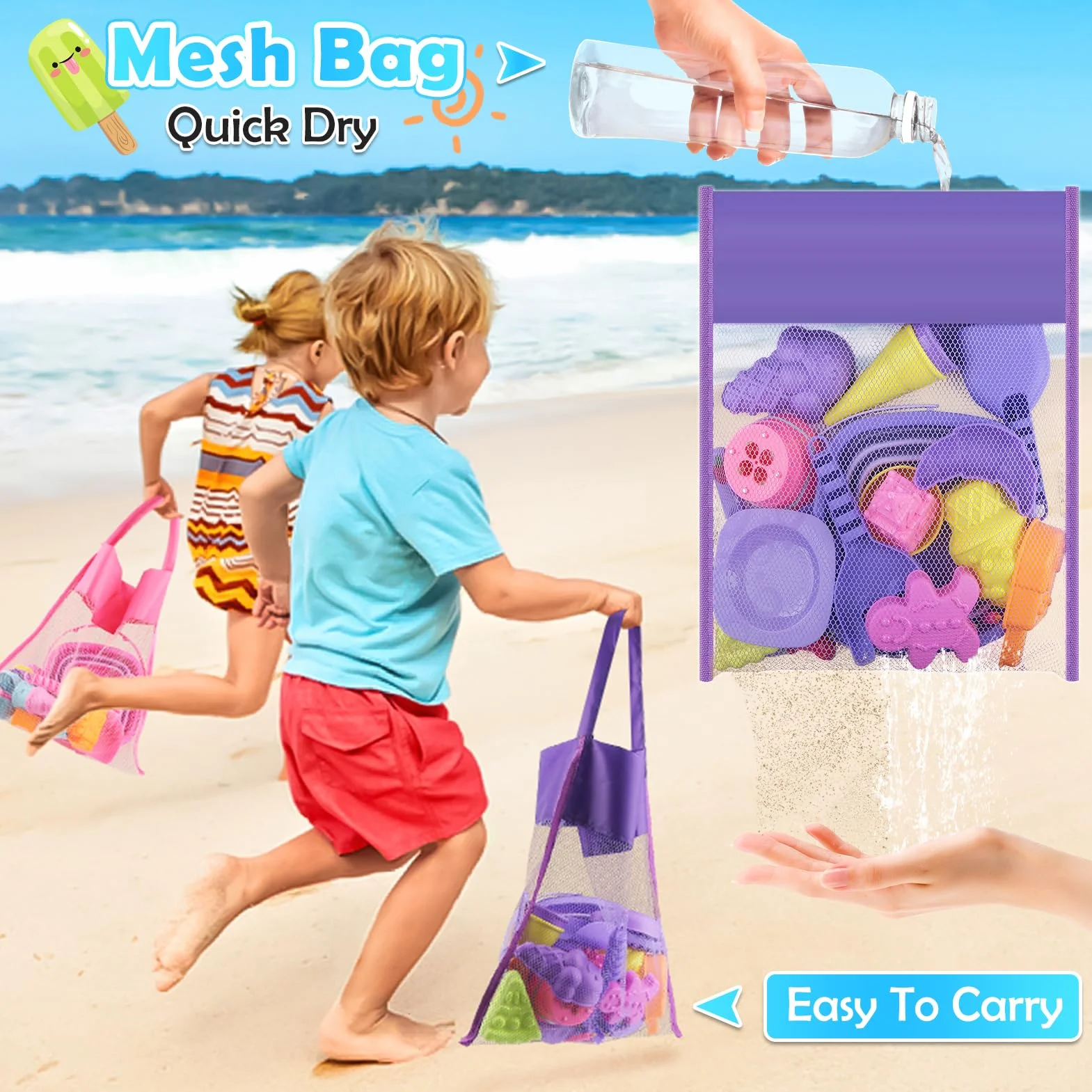 Joyreal 49 Pezzi Gelato Giochi Spiaggia Bambini - Secchiello Pieghevole, Paletta, Borsa Rete, Stampi per Dolce