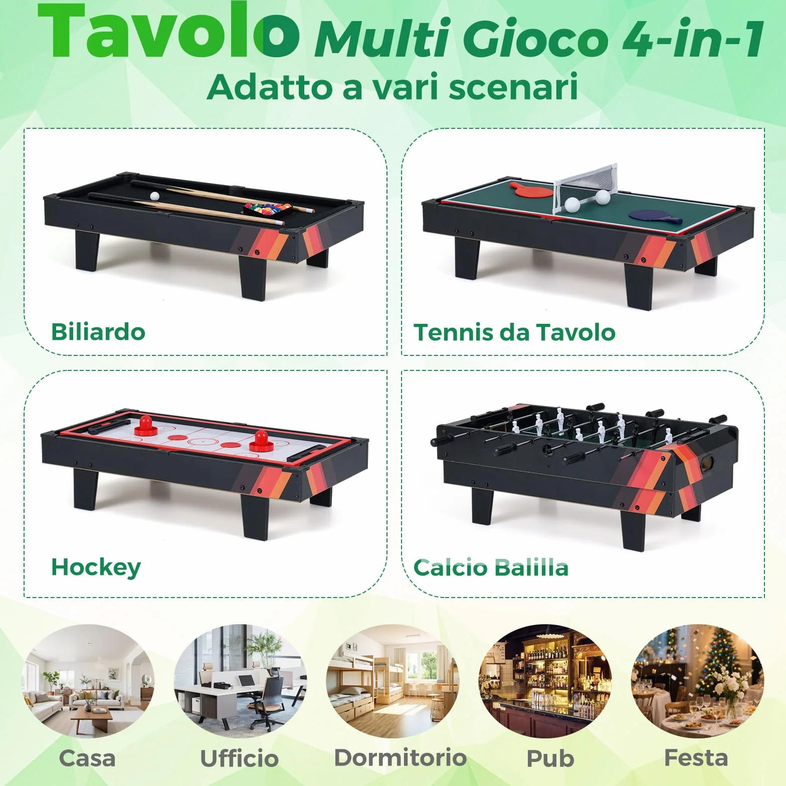 COSTWAY Tavolo Multigioco, Gioco Multifunzione 4 in 1-Calcio Balilla, Tavolo da Biliardo, Ping Pong, Air Hockey, Calcetto Multigioco per Adulti e Bambini, Casa Feste Bar (Nero)