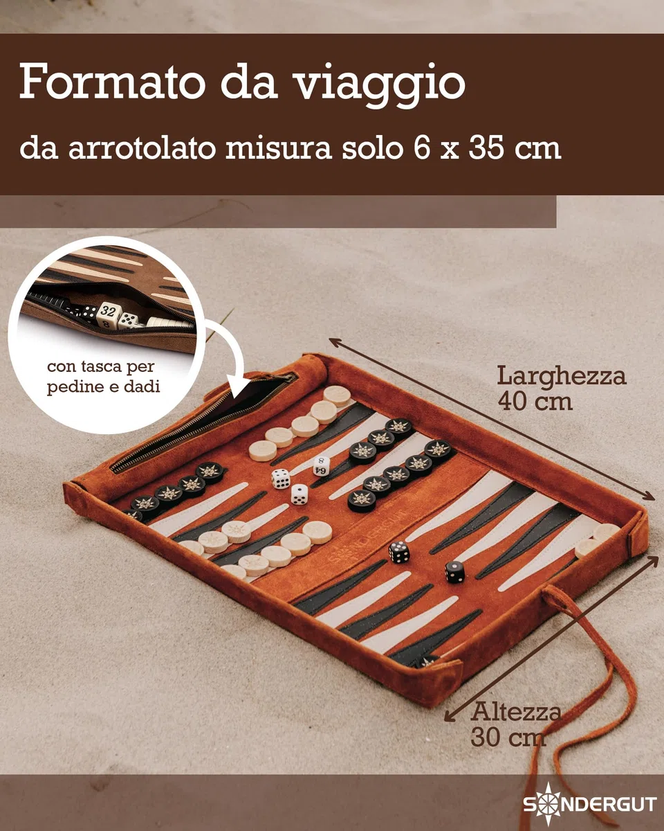 Sondergut Backgammon Deluxe – Design brevettato pieghevole e vera pelle – Design elegante – Pietre da gioco in legno di faggio di alta qualità, 30 x 40 cm