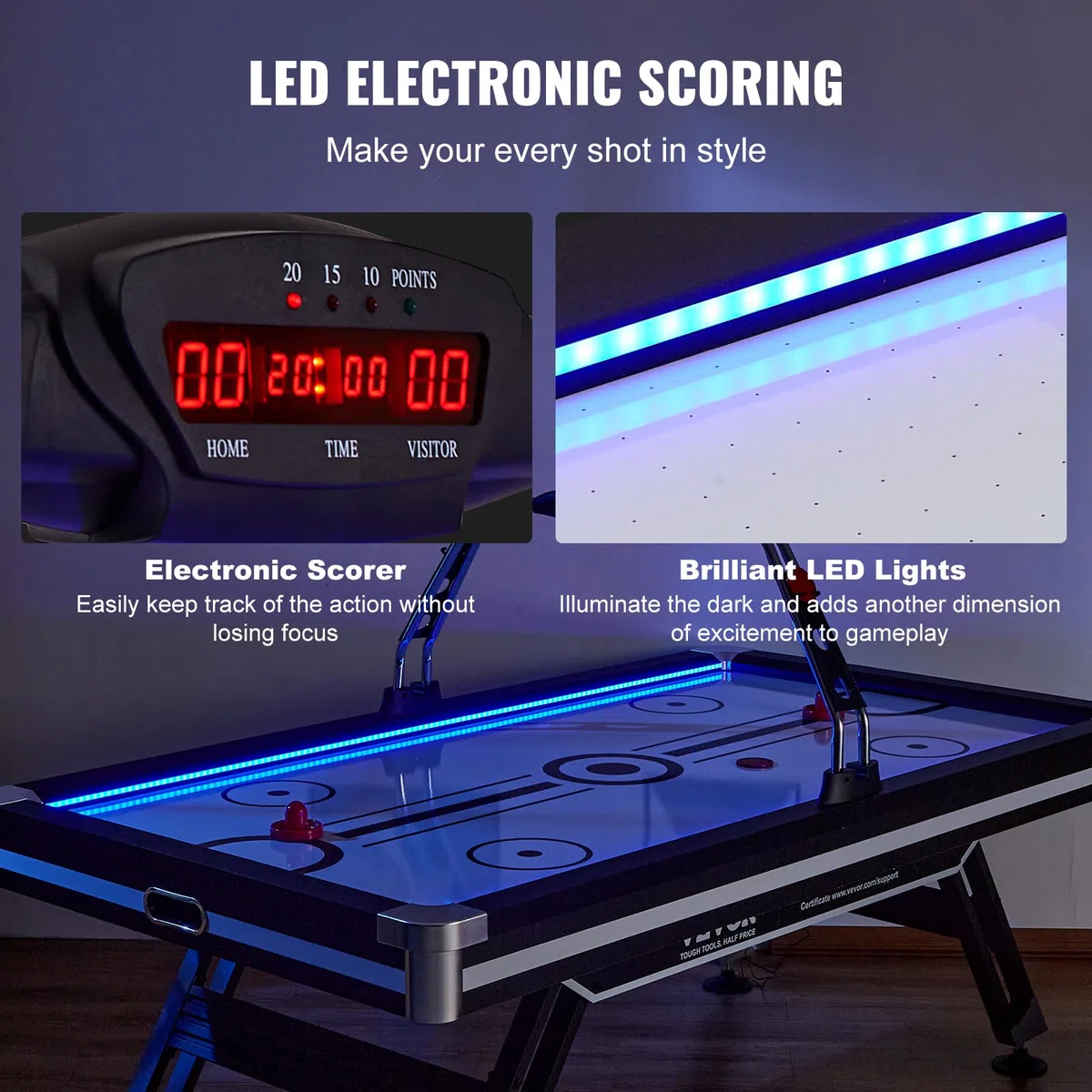 VEVOR Tavolo da Gioco ad Aria Compressa LED con 2 Dischi, 2 Spingitori, Sistema Punteggio Elettronico