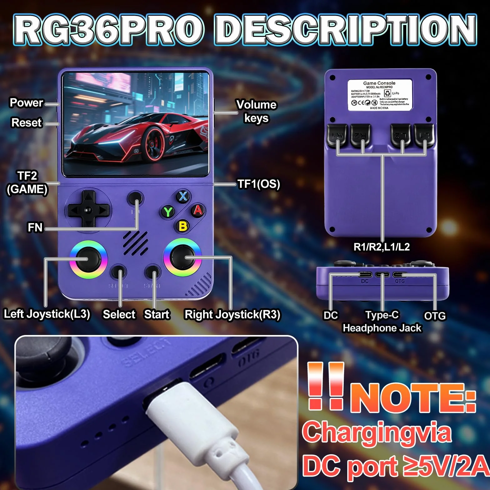 RG36PRO Retro Video Game Console-Support 30000+ Classic Games,3.5"IPS Screen,Open Source System,64G TF card,3000mAh Battery,Portable Console for Teen or Partner - Gift for Christmas - Purple