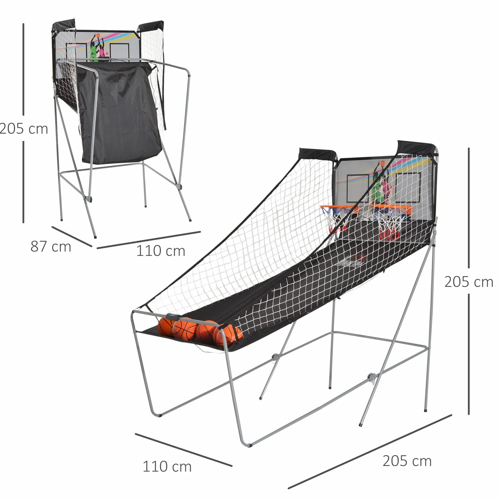 HOMCOM Canestro Basket con Tabellone LED, Pompa, 2 Canestri, 4 Palloni e 8 modalità di Gioco, Macchina da Pallacanestro Elettronica in Acciaio, Tessuto Oxford, MDF, 205x110x205 cm, Bianco e Nero
