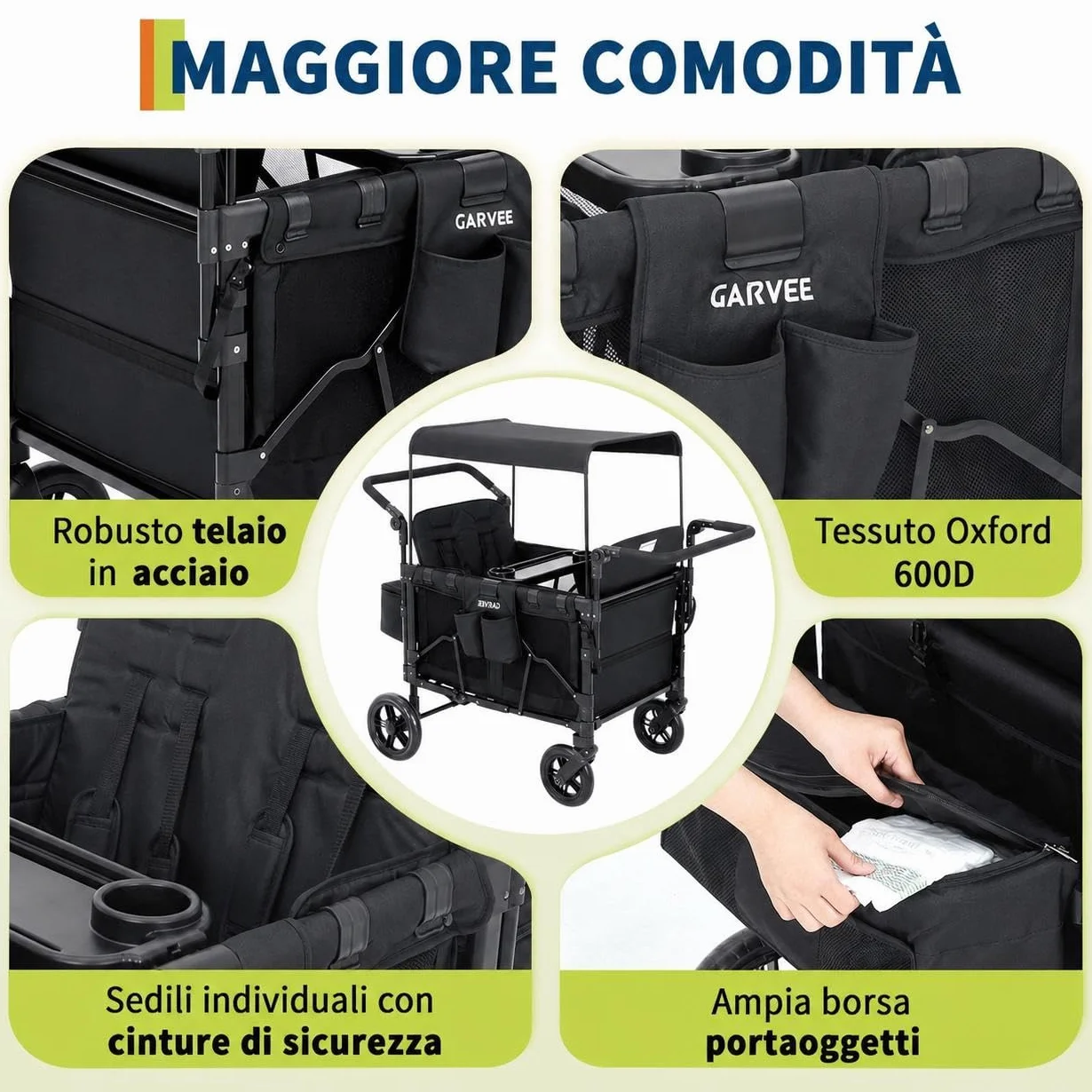 Passeggino a 4 Posti Per Bambini Pieghevole Tutto Terreno, Cappottina Regolabile, Maniglia Push & Pull, Vassoio Merenda, Imbracatura 5 Punti Di Sicurezza, Ruote Girevoli e Fisse, Spazio Ampio