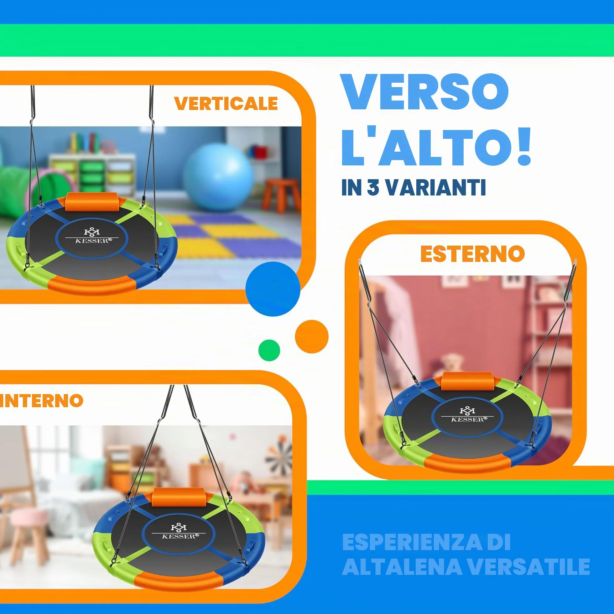 KESSER® Altalena a Rete Rotonda Regolabile per Bambini e Adulti, 120 cm, Multicolore