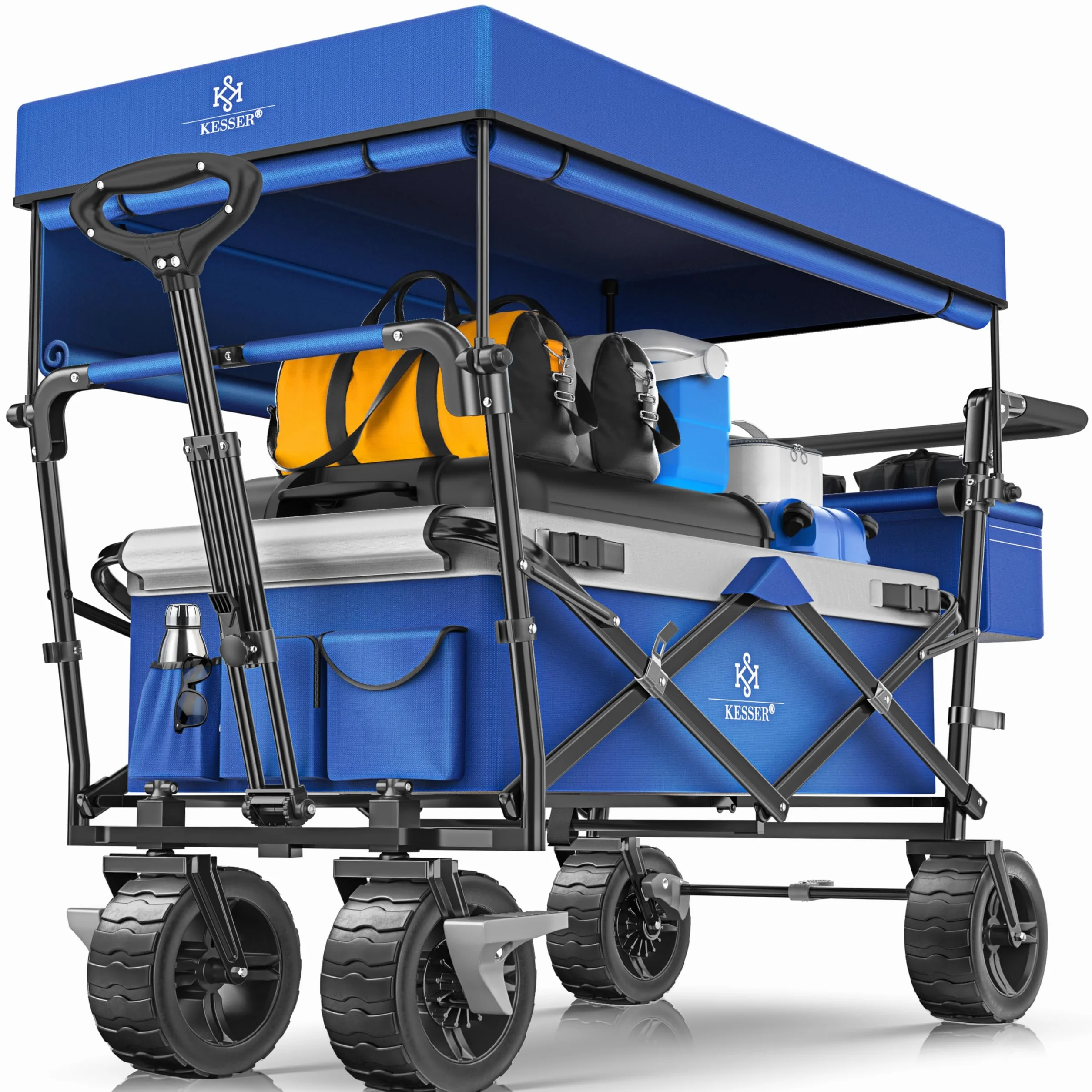 KESSER® Carrello pieghevole XXL con tettuccio GT9000, carrello pieghevole fino a 150 kg, per bambini, spiaggia, campeggio e giardino, grande carrello di trasporto con ruote in gomma rigida, freni