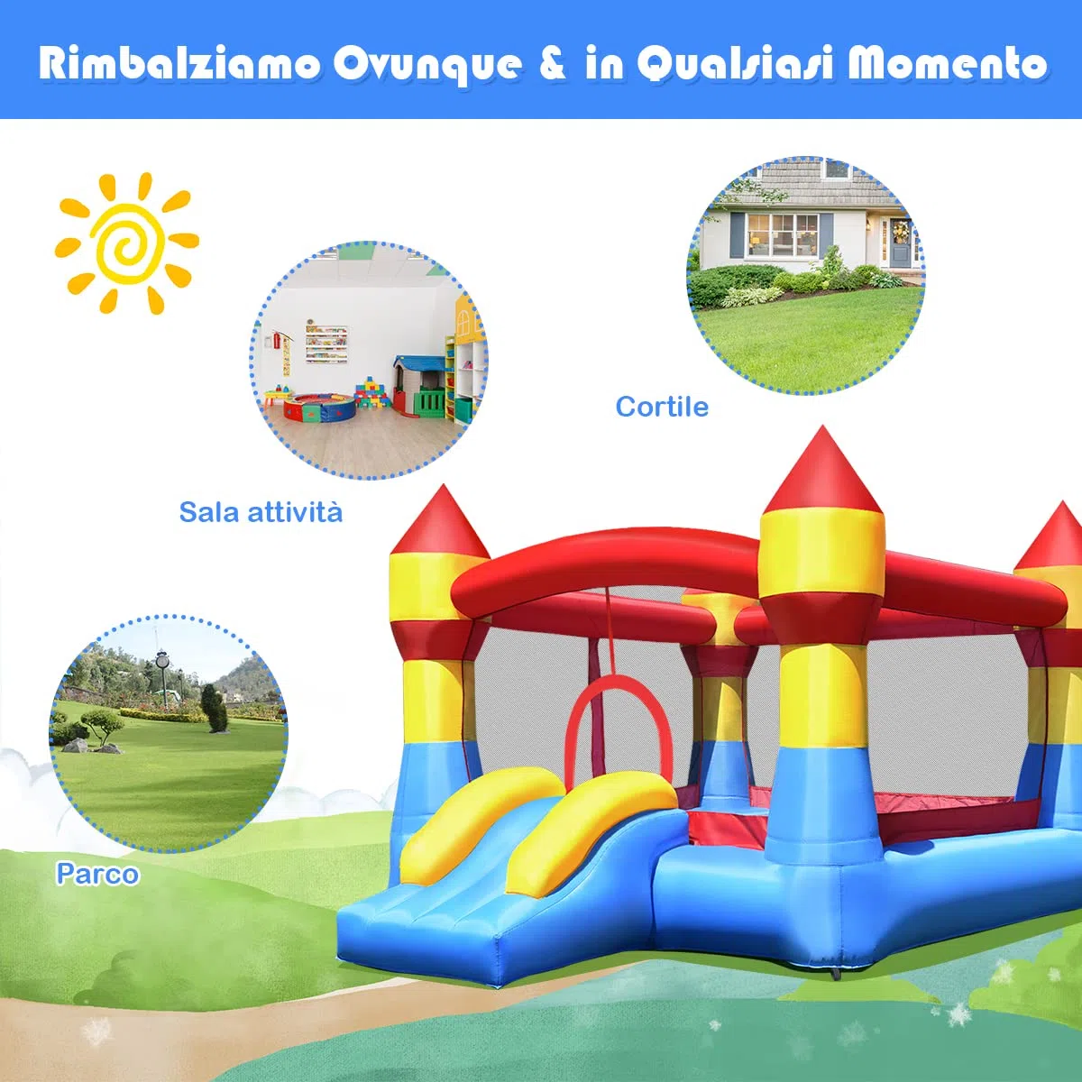 COSTWAY Castello Gonfiabile Castello di Gioco con Scivolo per Bambini da Esterno Giardino (370X280X230cm)