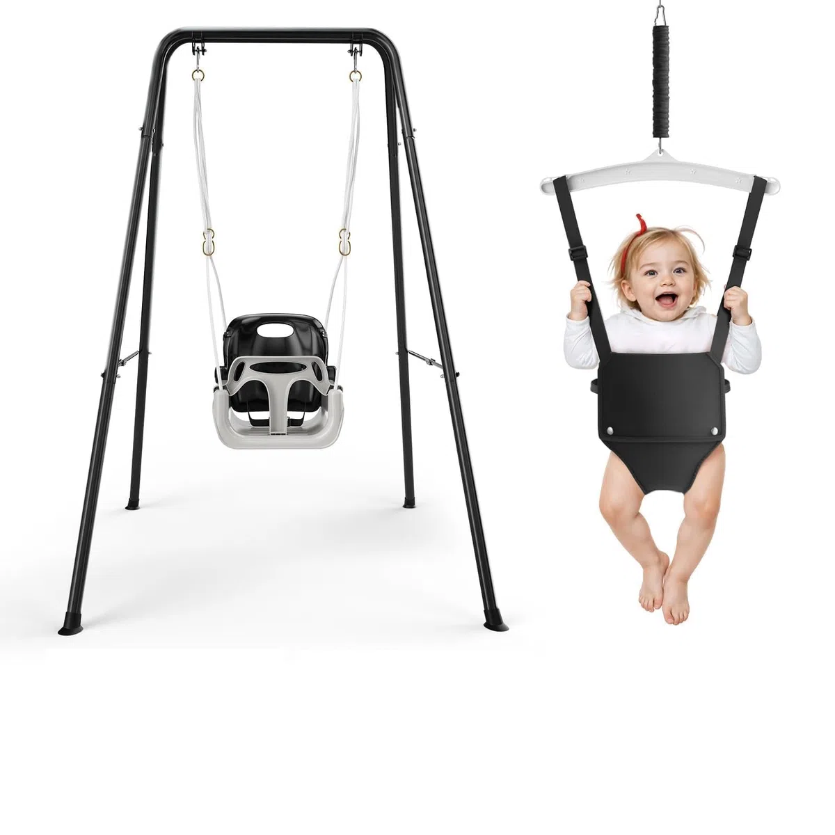 4-in-1altalena da giardino per bambini, Altalene Saltare Su per Bambini per Giochi, Supporto Metallo Pieghevole, Sedili Rimovibili Alta Qualità, 18 Mesi-6 Anni