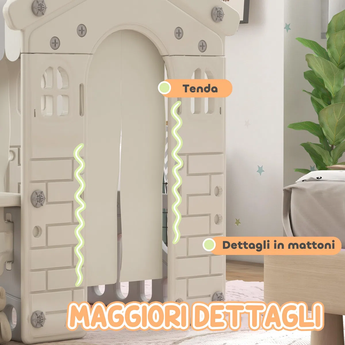 AIYAPLAY Casetta per Bambini con 4 Finestre, Porte ad Arco, Tetto e Bancone, Plastica, Crema