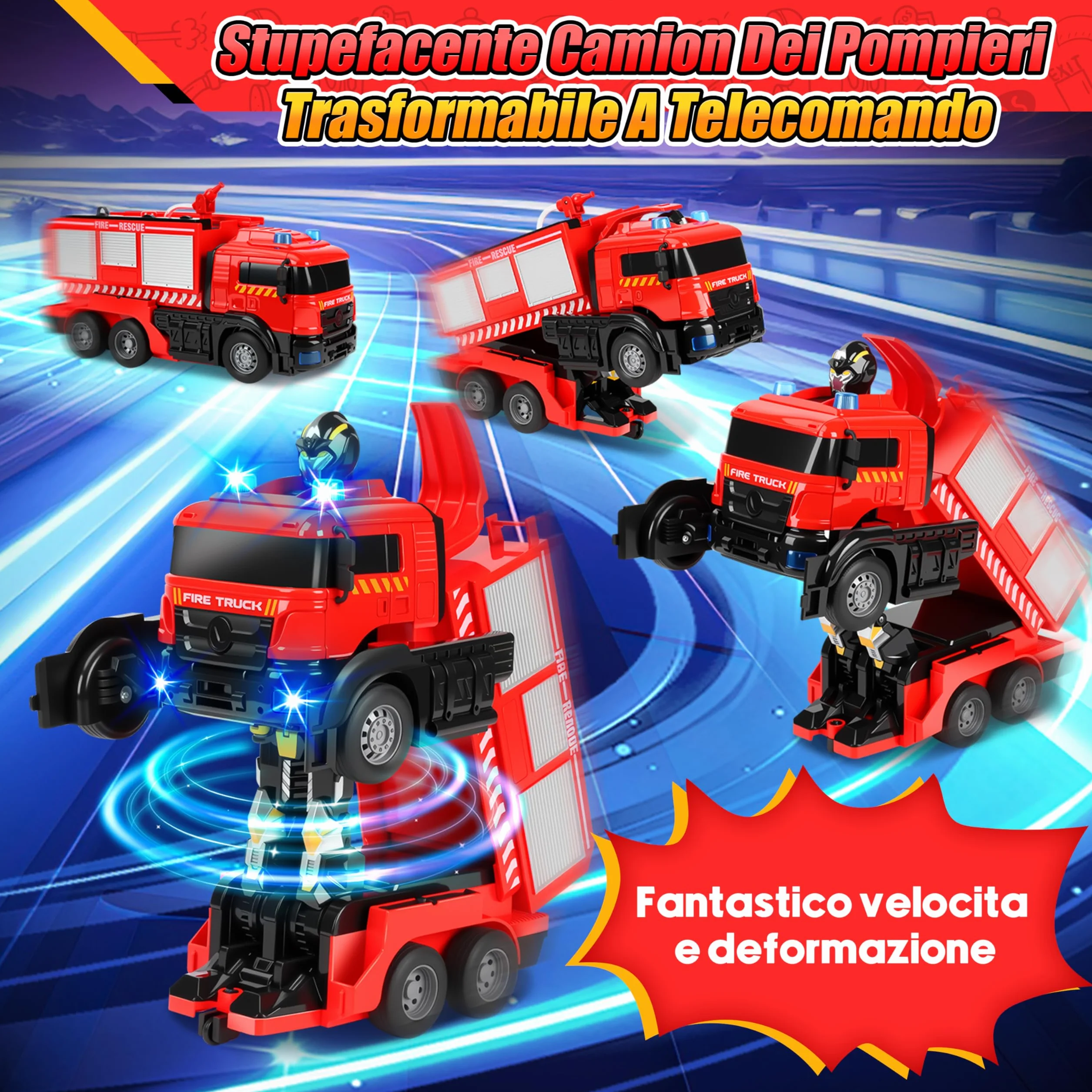 Charmofun Camion Pompieri Giocattolo Telecomandato, Autopompa Vigili del Fuoco con Luci e Suoni, Pompiere Giocattoli con Irrigatore, Trasforma Robot e Macchina Telecomandata, Regalo Bambini
