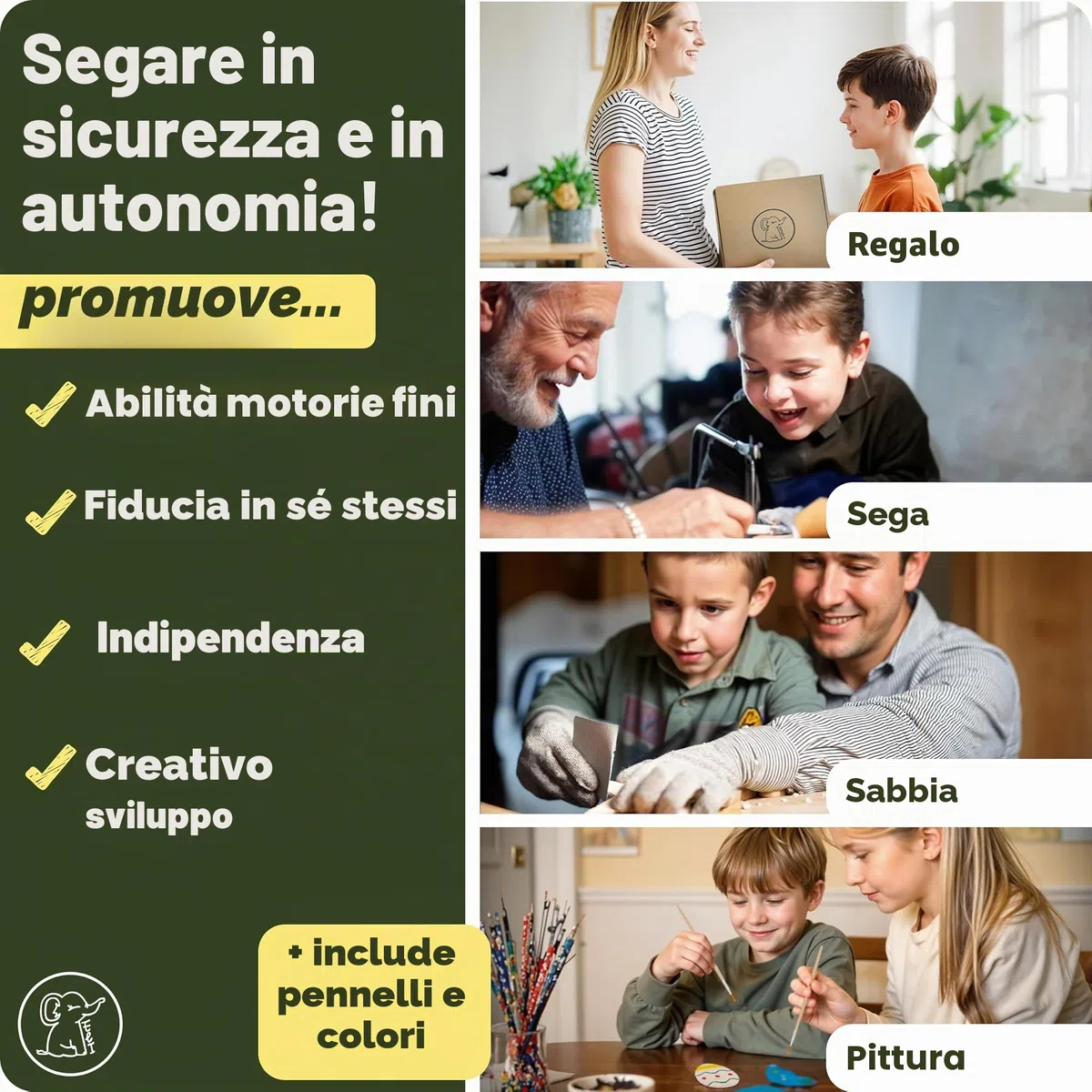 Eli® Sega da figura per bambini - Set completo per seghe figurative inclusi modelli creativi - Lastre figurative - Colori - Pennello - Carta abrasiva - Legno - Idea regalo per ragazzi e ragazze