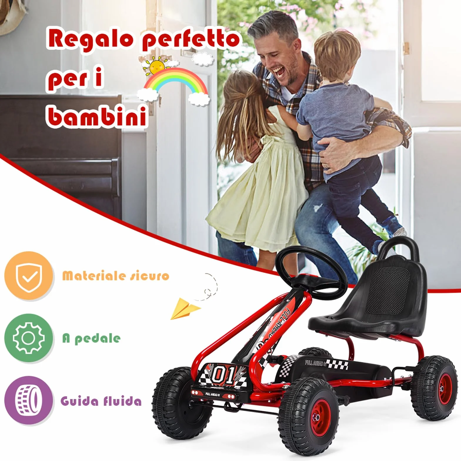 COSTWAY Go Kart a Pedali per Bambini, Veicolo con Sedile Regolabile e Freno a Mano, Portata 30 kg Rosso