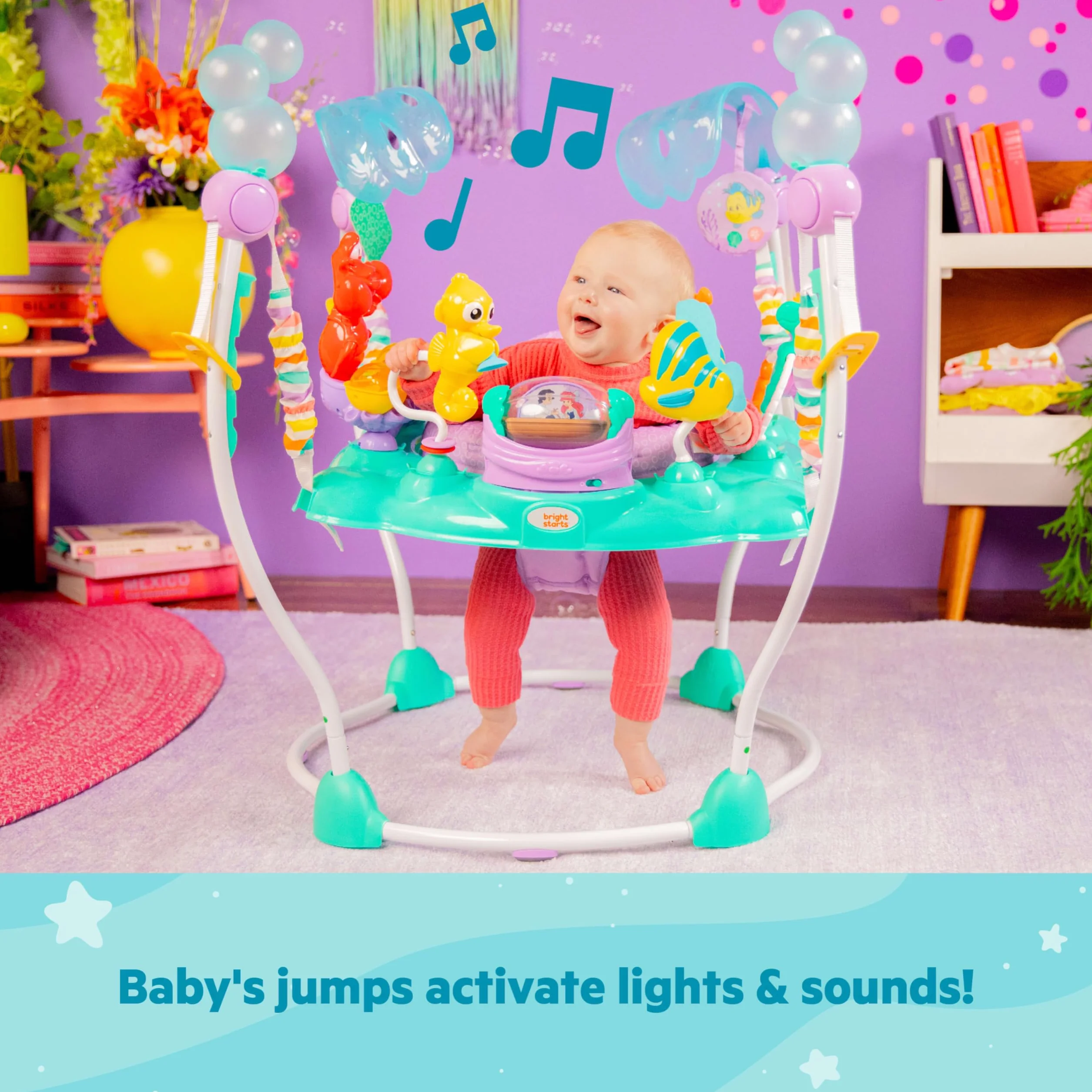 Bright Starts, Disney Baby, Jumper multiattività Sea of Activities della Sirenetta, con Giocattoli interattivi, luci e Musica con Principessa Ariel di Disney, 6-12 Mesi (Blu)