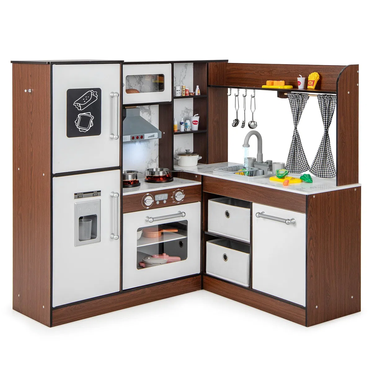GYMAX Cucina Giocattolo ad Angolo per Bambini, Set da Cucina in Legno con Cappa Illuminata e Fornelli con Suoni, Realistico Fabbricatore di Ghiaccio, Regalo per Bambini 3 + Anni (Stile 1)