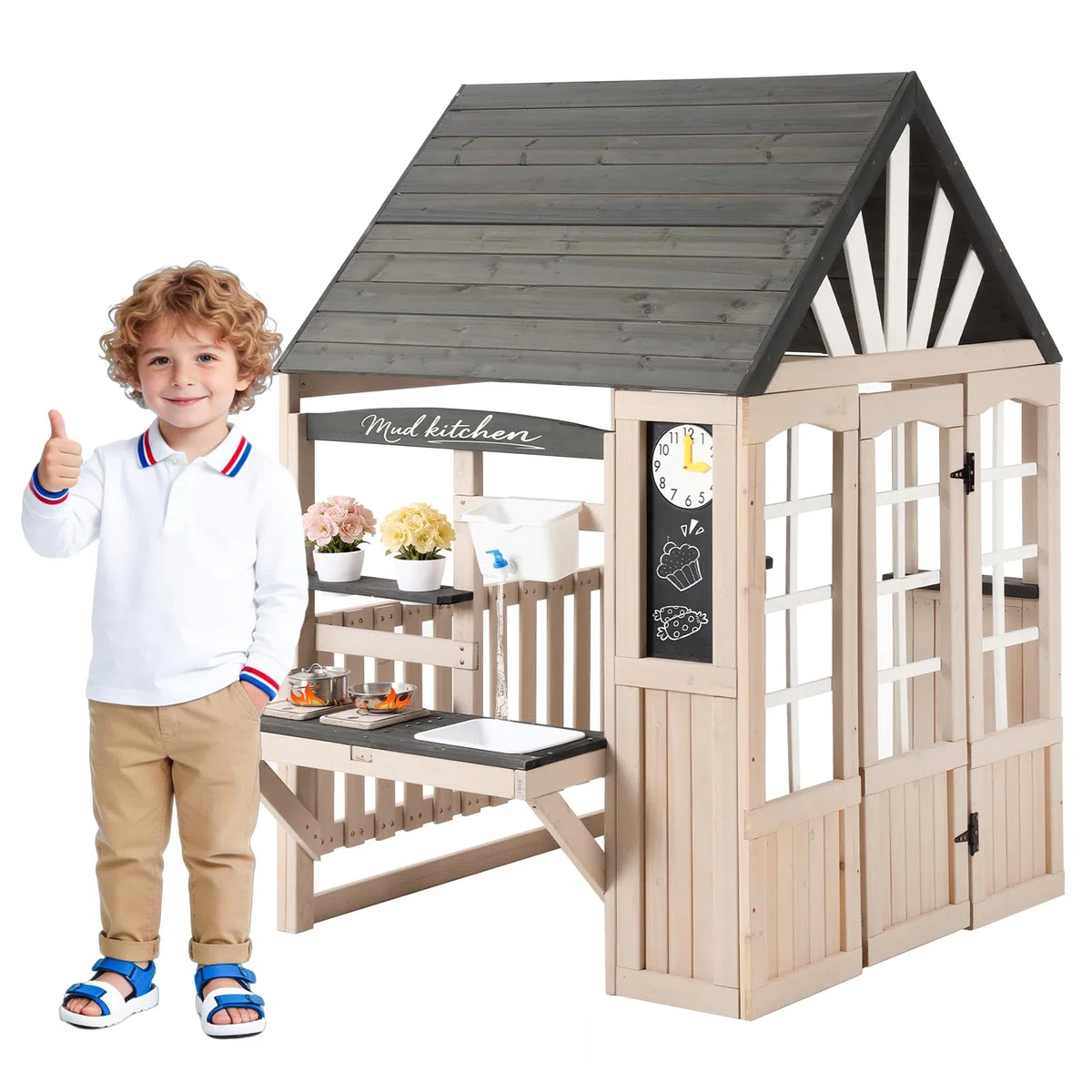 Casetta da Gioco in Legno per Bambini con Cucina Esterna, Lavandino, Lavagna, Accessori, Regalo 3+