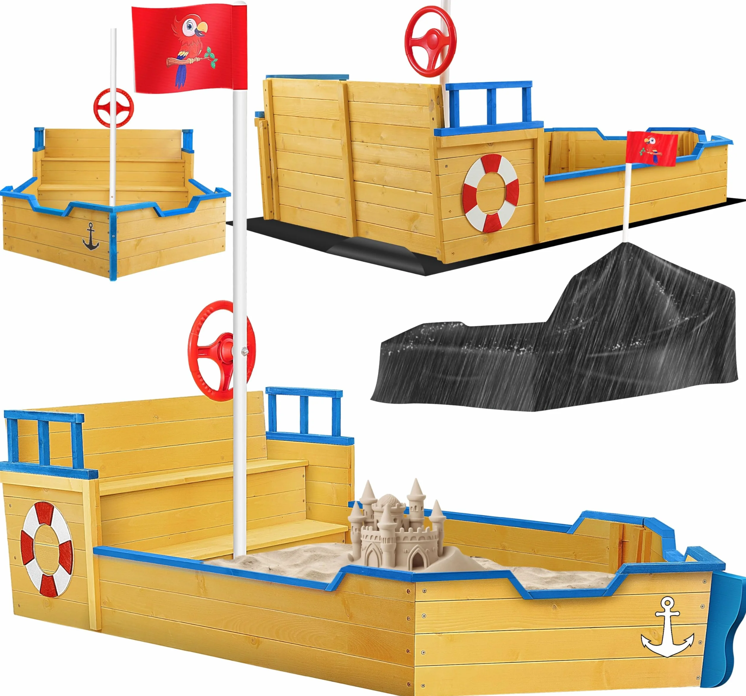 KIDIZ® Sabbiera per bambini Ahoy - nave pirata - barca giocattolo - barca a vela in legno - incl. copertura protettiva, blu