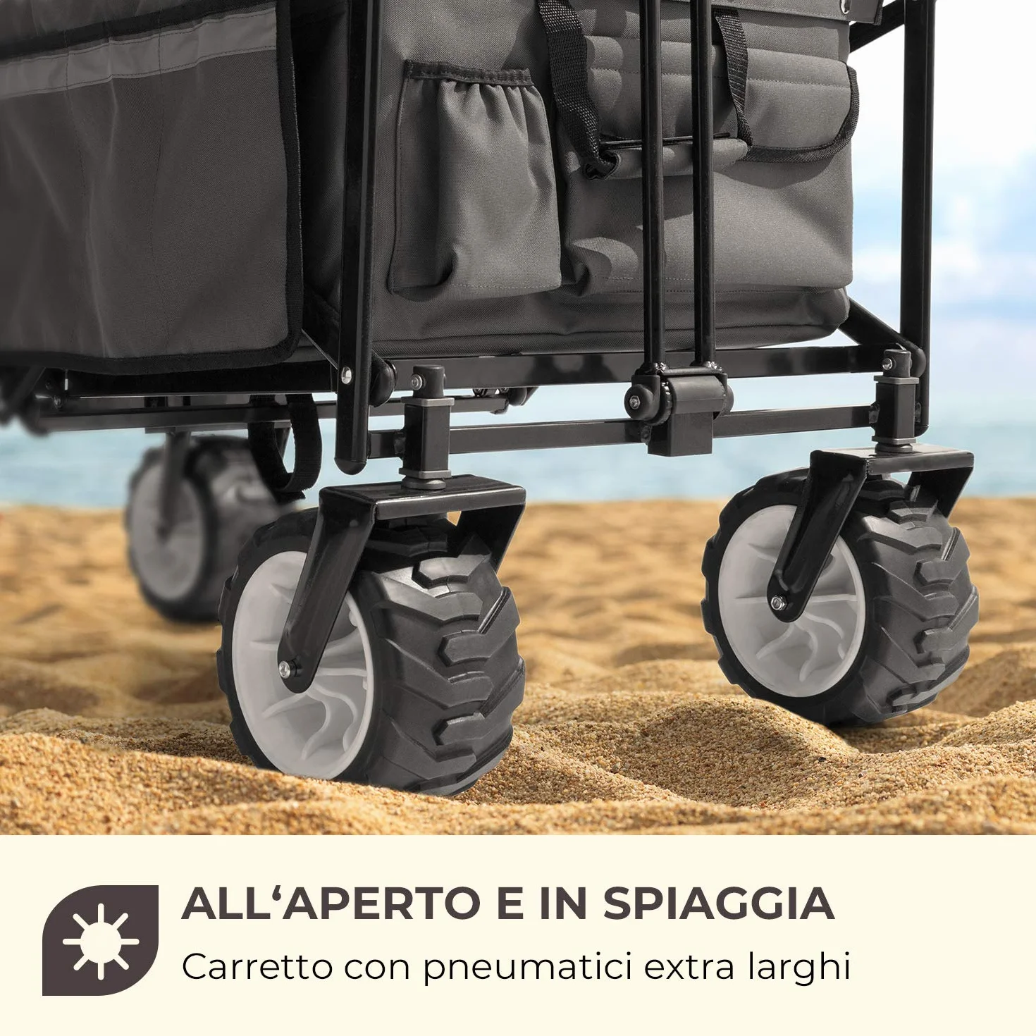 Waldbeck Easy Rider - Carretto, Carretto a Mano, Portata Fino a 70 kg, Copertura in Poliestere 600D, 2 Cinture di Sicurezza per Bambini, Pieghevole, Braccio Telescopico, Grigio