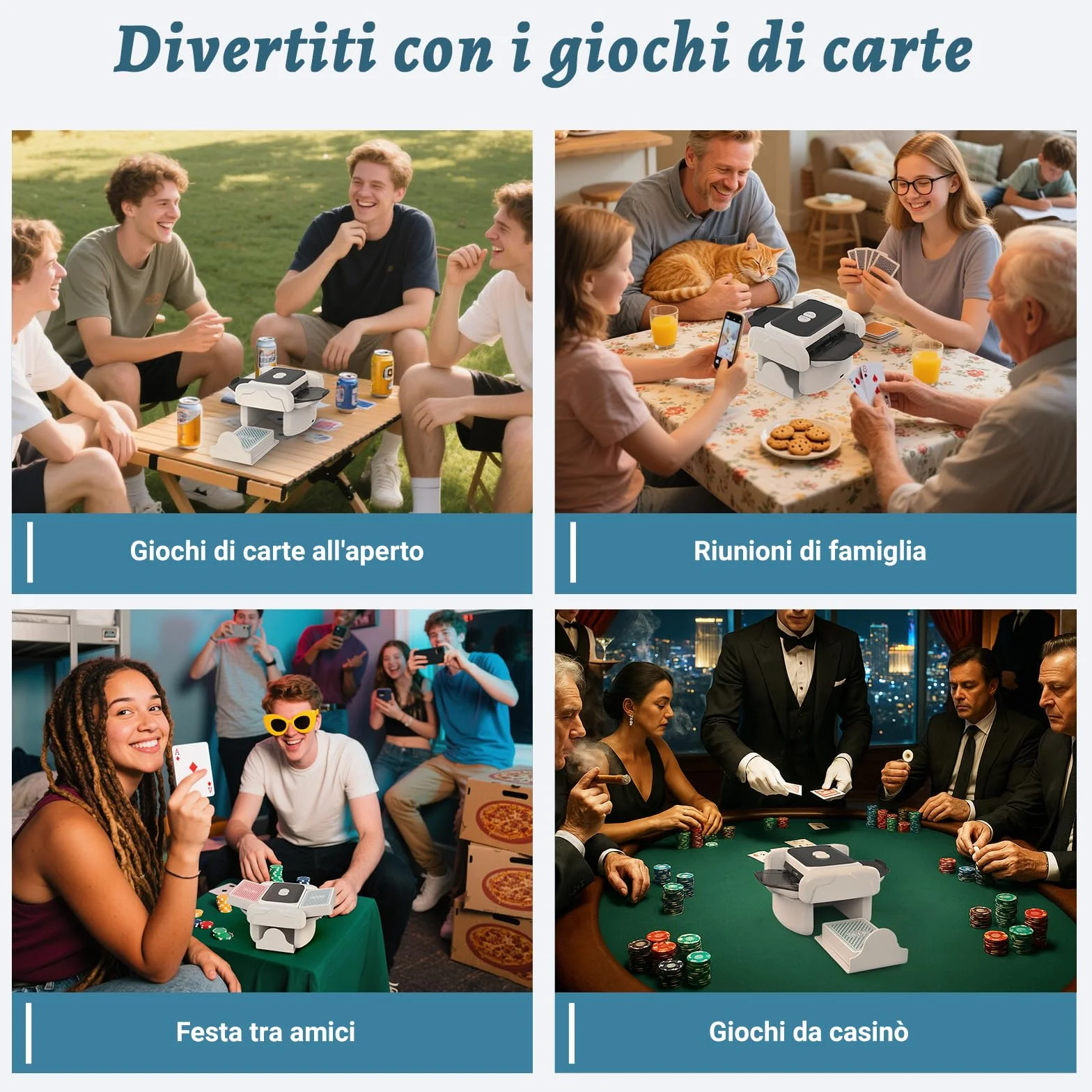 Holiky Mischia Carte Automatico a 2 Mazzi, Mescolatore Carte Ricaricabile con modalità Auto e Manuale Tocco, Mescolatore Elettrico da Poker per Uno, Skip-Bo, Phase 10 Giochi per Feste