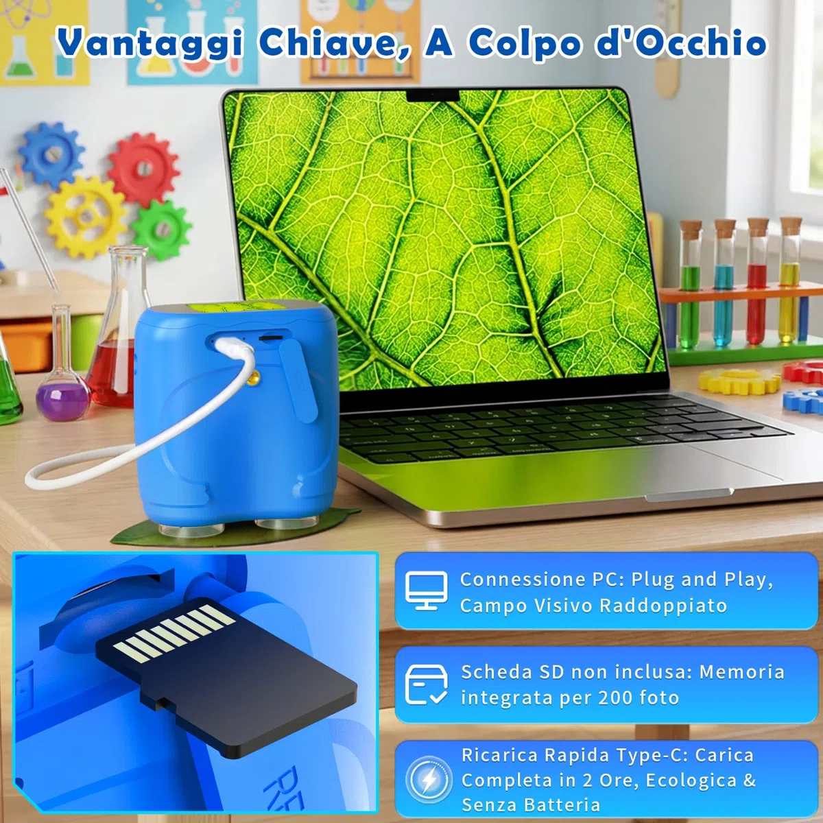 Microscopio Bambini 2 in 1 per Bambini e Binocolo, HD IPS da 2,0", 1000x, 8 LED, 1080P, Microscopi Adatti a Bambini e Bambine dai 3 Anni in Su, Blu