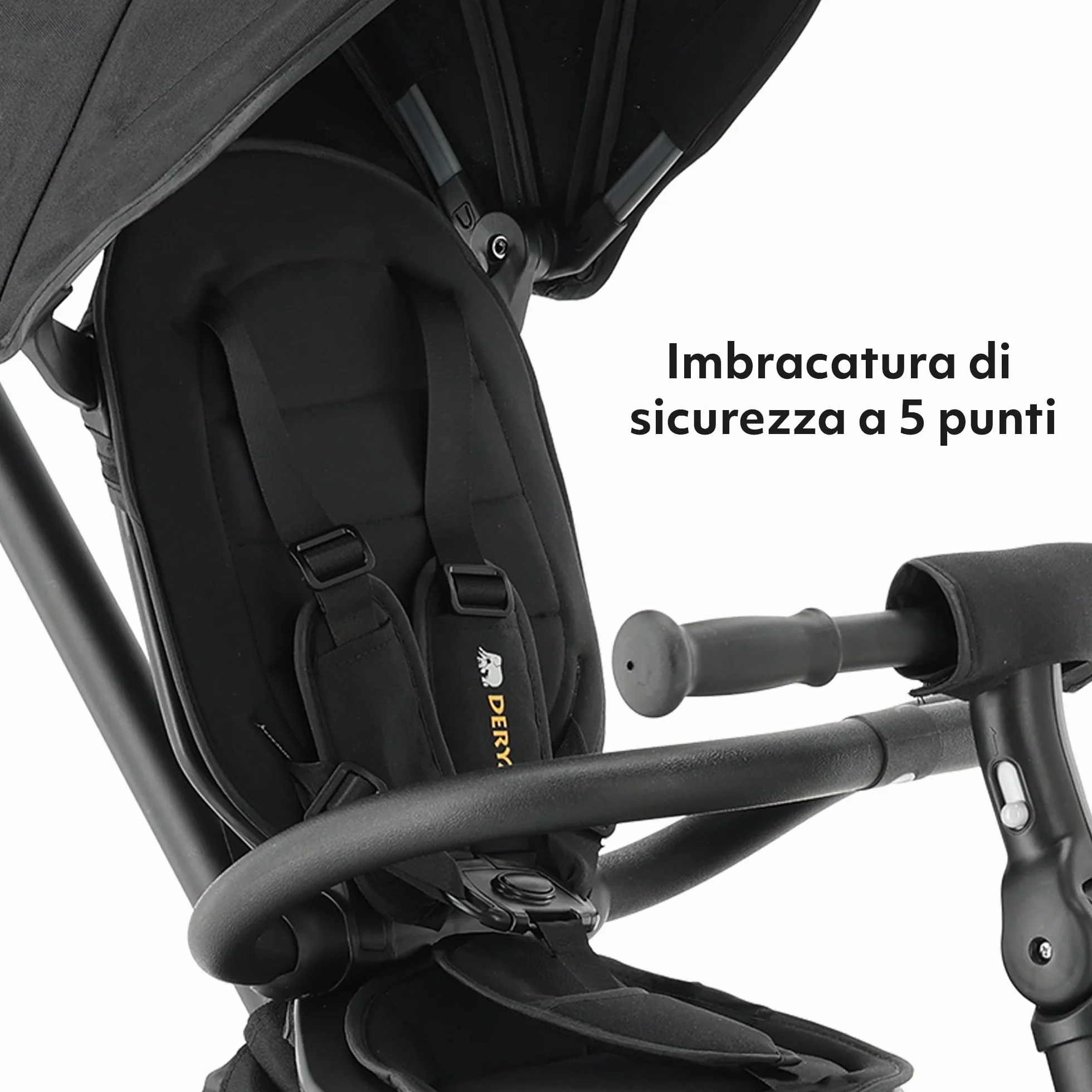 Deryan Explorer Triciclo da 9 Mesi fino a 25 kg – Triciclo per Bambini con Maniglione di Spinta – Sedile Girevole – Tettuccio Estensibile con Protezione Solare – Nero