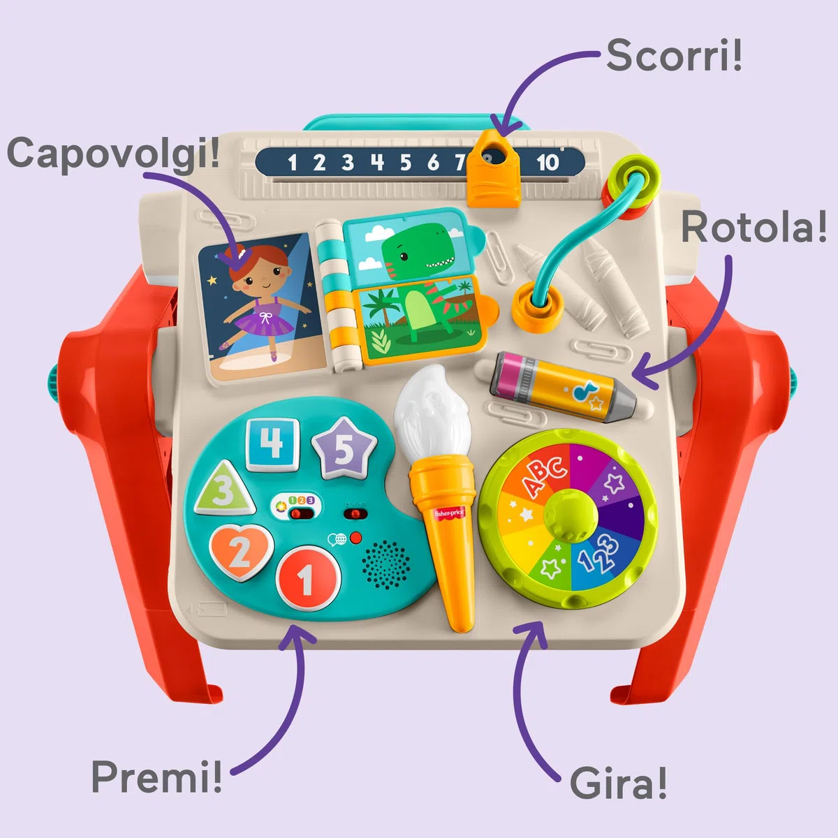 Fisher-Price - Tavolino attività 4 in 1, Pannello interattivo e cavalletto d'Arte, con luci, Suoni e canzoncine, Versione Italiano +ES+in+PT, Giocattolo per Bambini, 6+ Mesi, JGW89